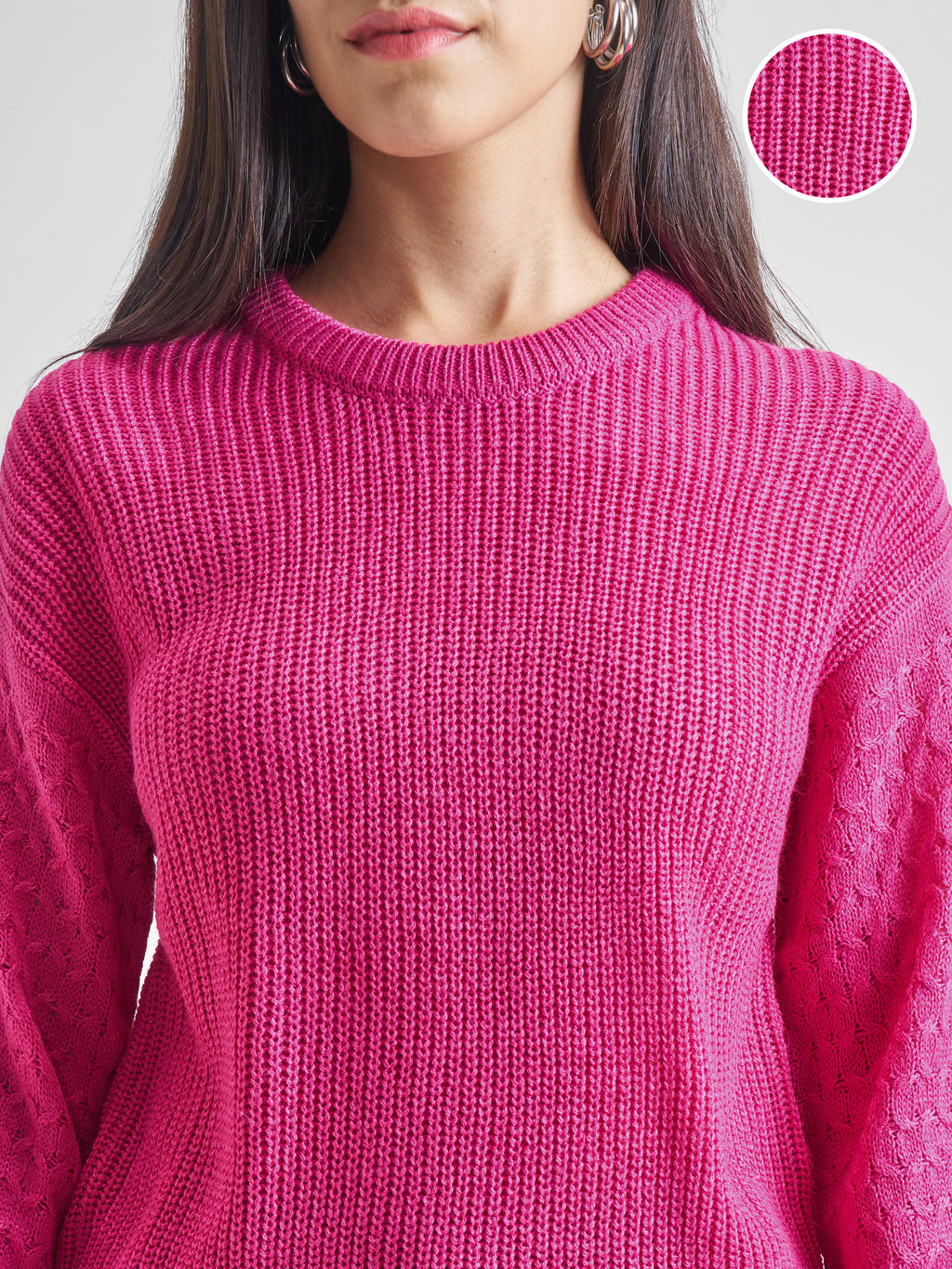 Tokyo Talkies Women Fuchsia Round Neck Long Sleeve Sweater - Pink - Image 5
