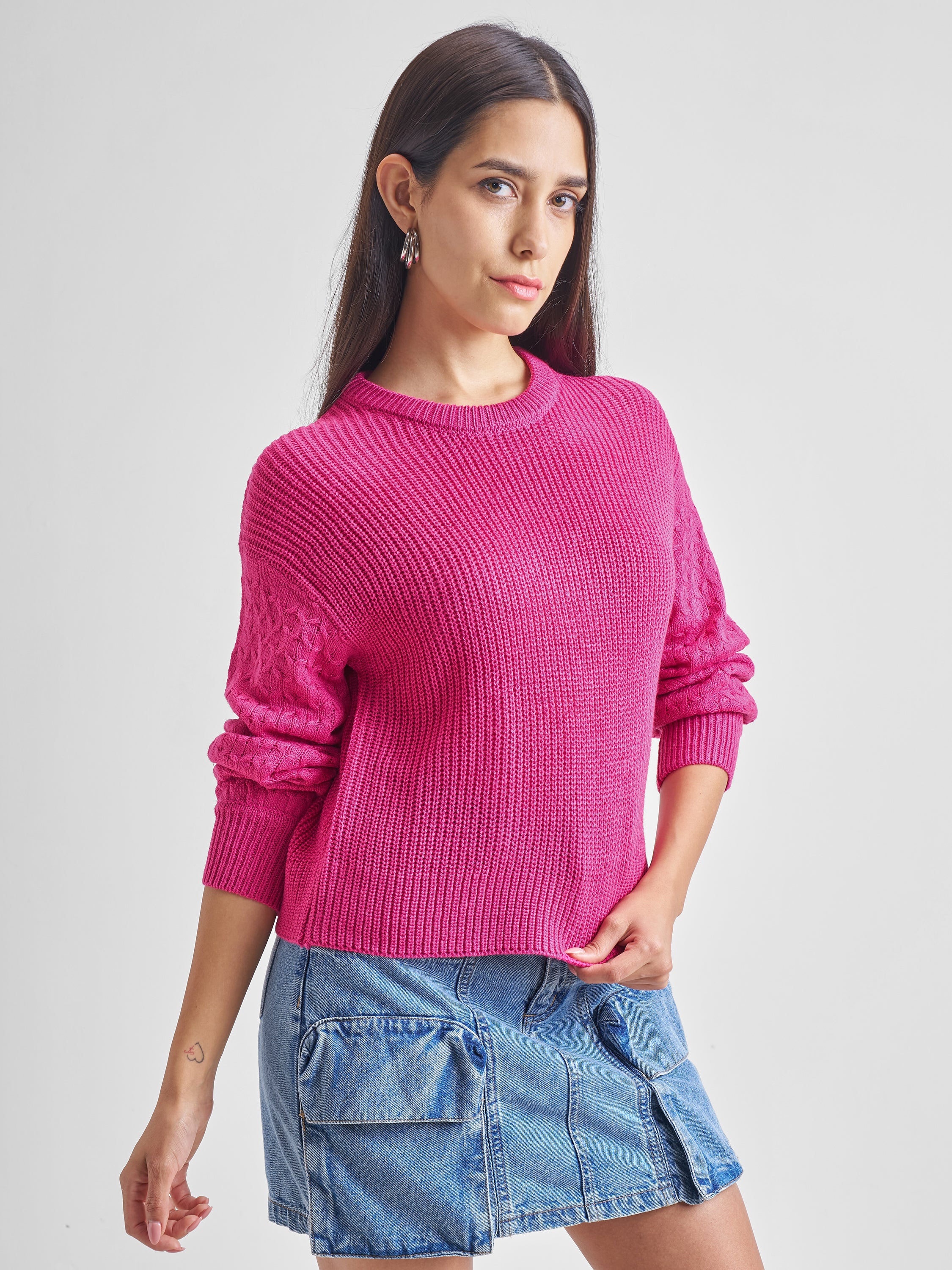 Tokyo Talkies Women Fuchsia Round Neck Long Sleeve Sweater - Pink - Image 6