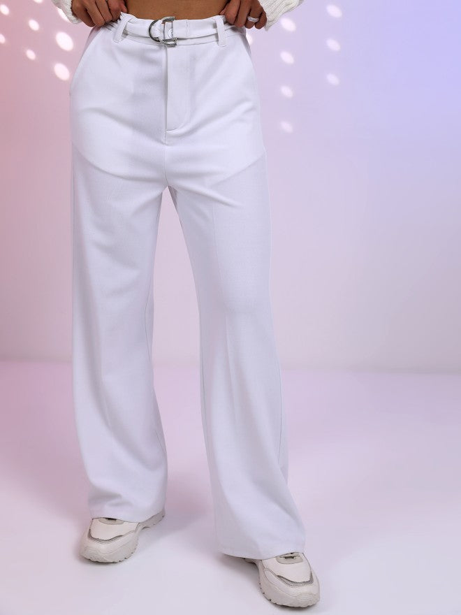 Tokyo Talkies Women White Solid Flared Casual Trouser - White - Image 1