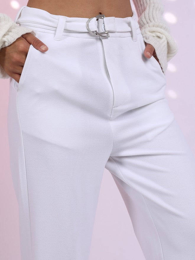Tokyo Talkies Women White Solid Flared Casual Trouser - White - Image 5