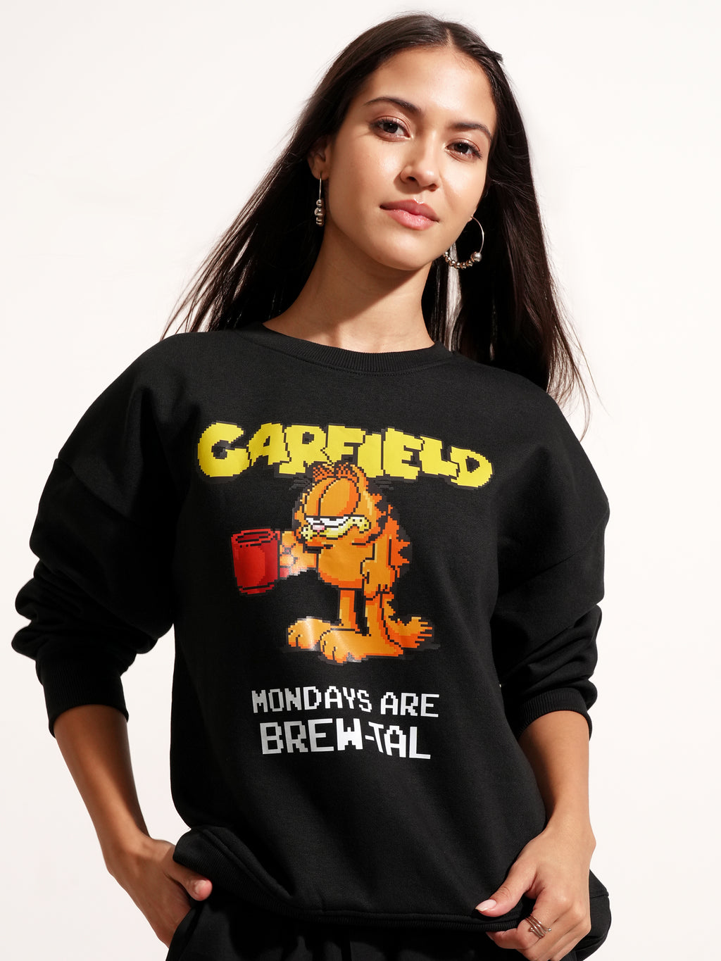 Tokyo Talkies Women Black Garfield Printed Pullover Round Neck Sweatshirt - Black - Image 1