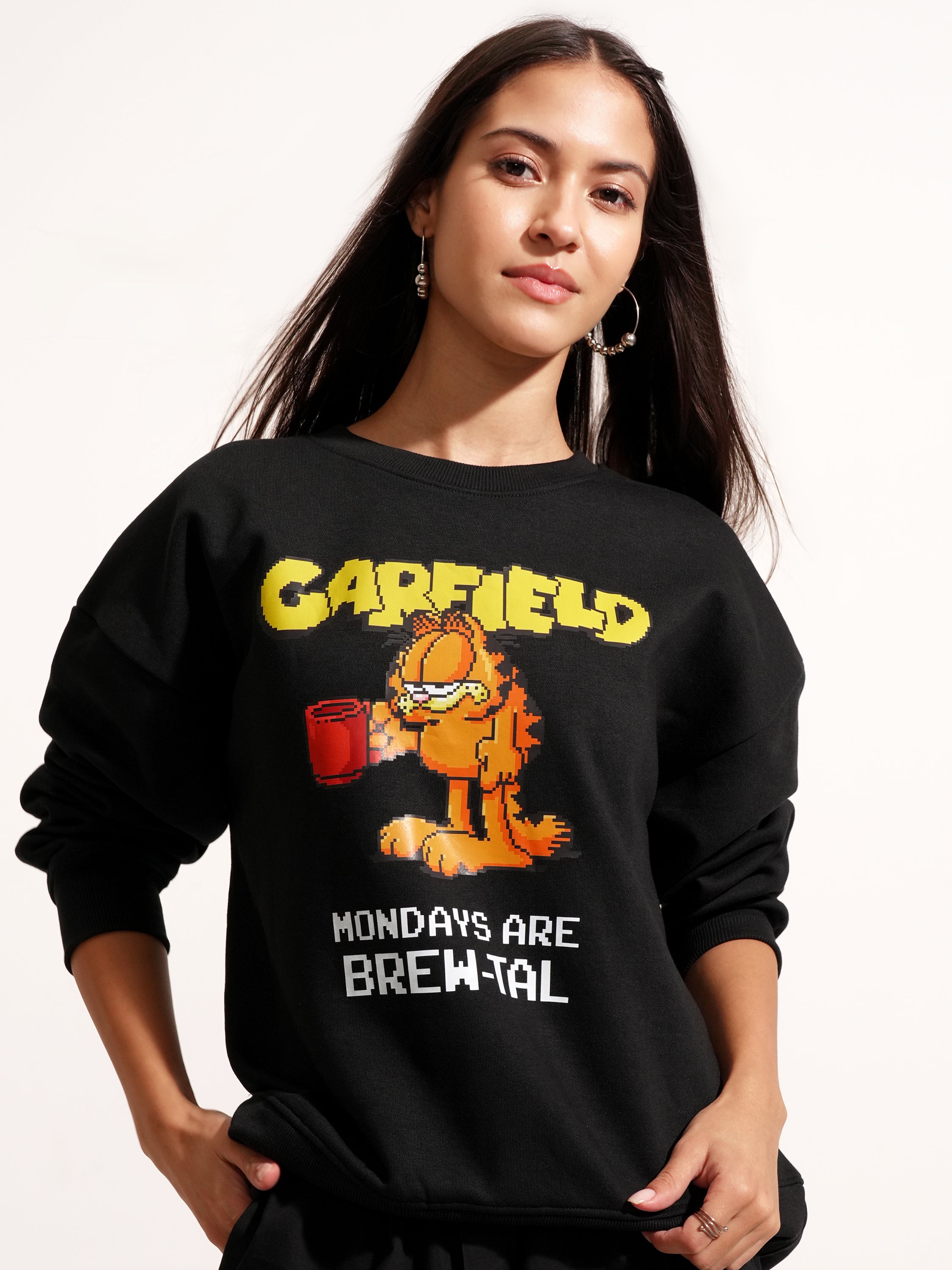 Tokyo Talkies Women Black Garfield Printed Pullover Round Neck Sweatshirt - Black - Image 1
