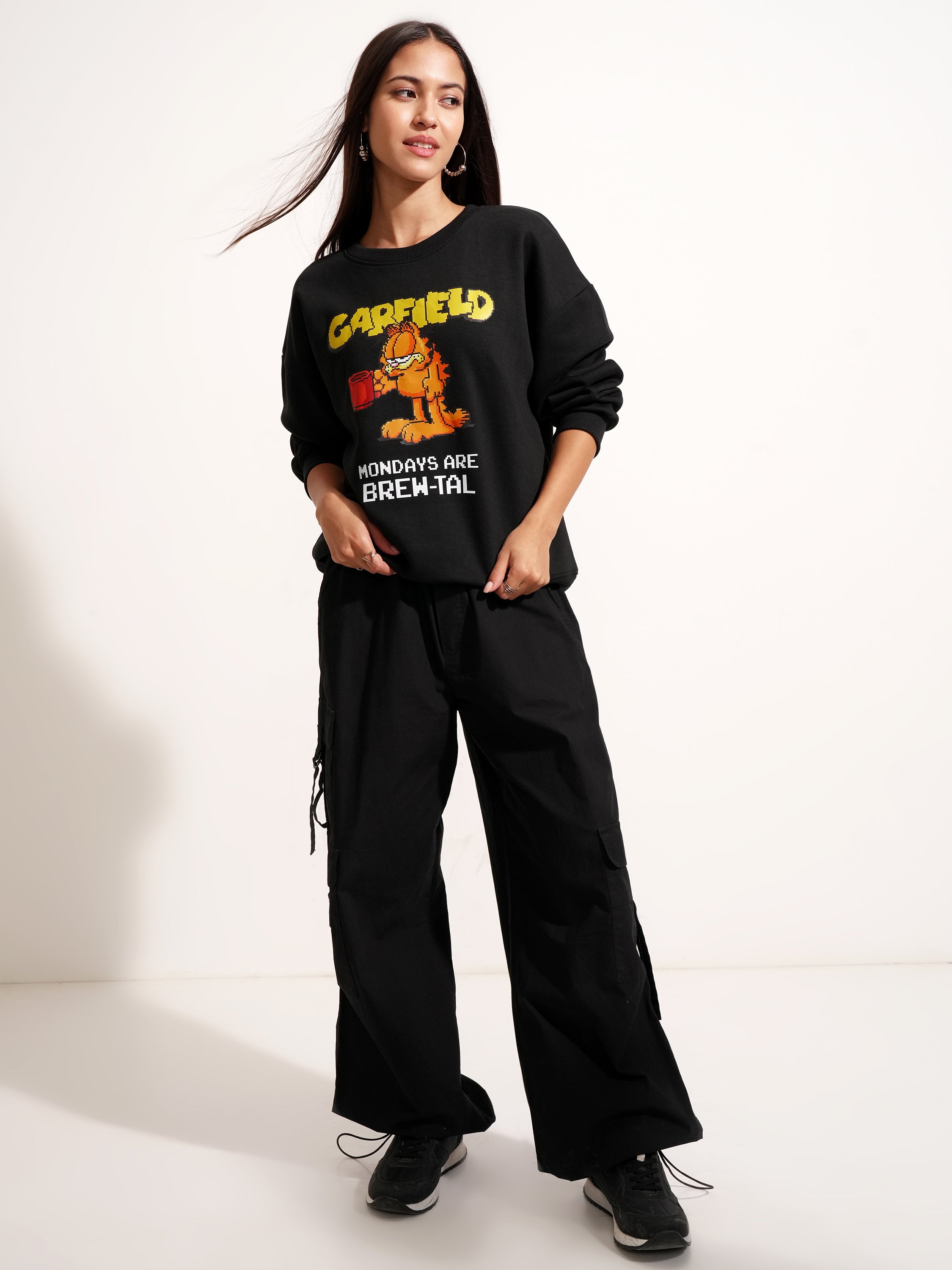 Tokyo Talkies Women Black Garfield Printed Pullover Round Neck Sweatshirt - Black - Image 2