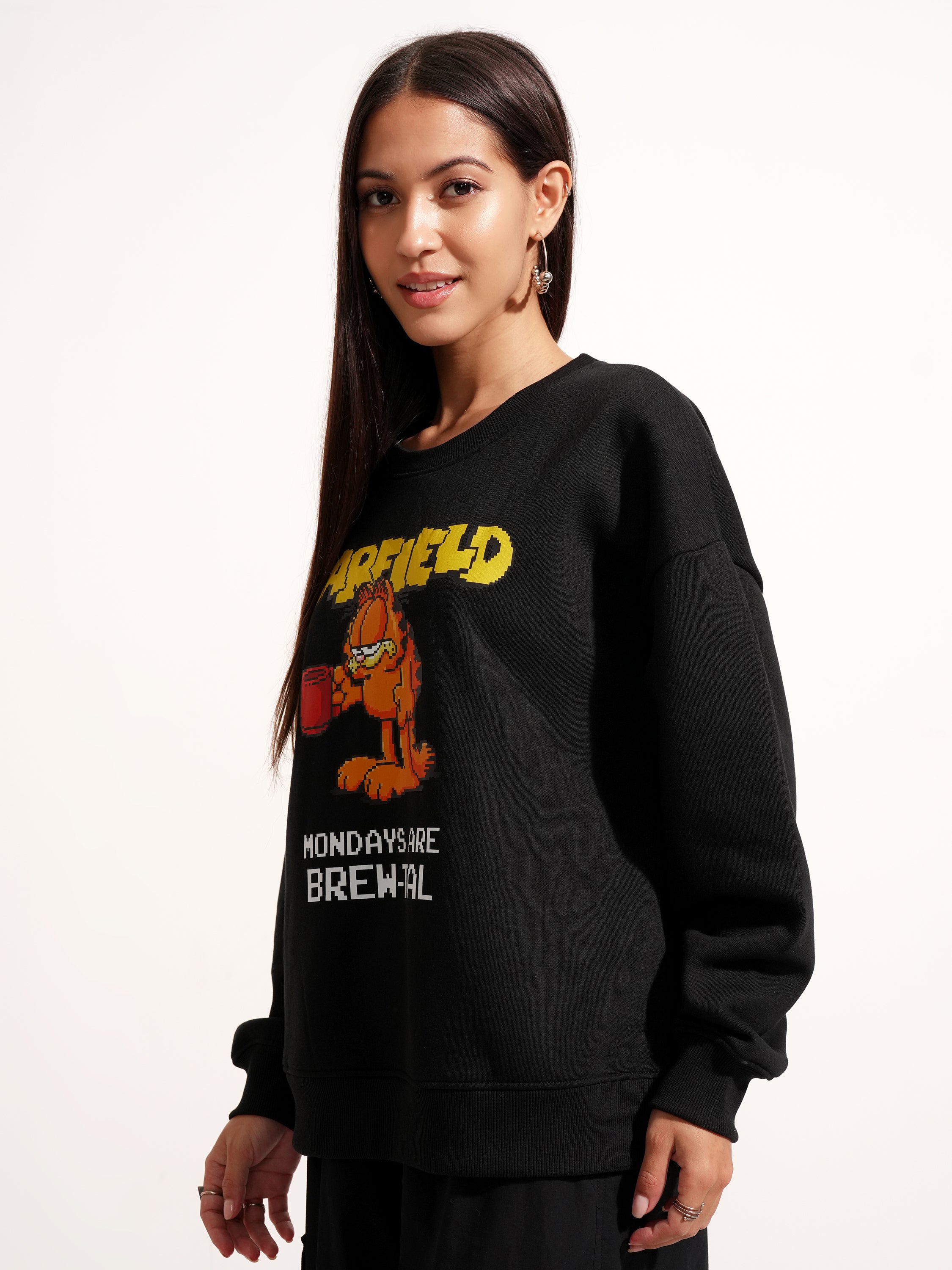 Tokyo Talkies Women Black Garfield Printed Pullover Round Neck Sweatshirt - Black - Image 4