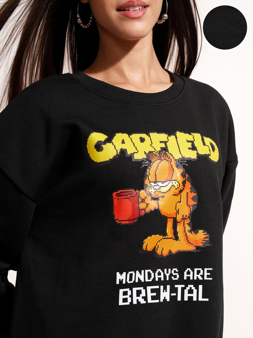 Tokyo Talkies Women Black Garfield Printed Pullover Round Neck Sweatshirt - Black - Image 5