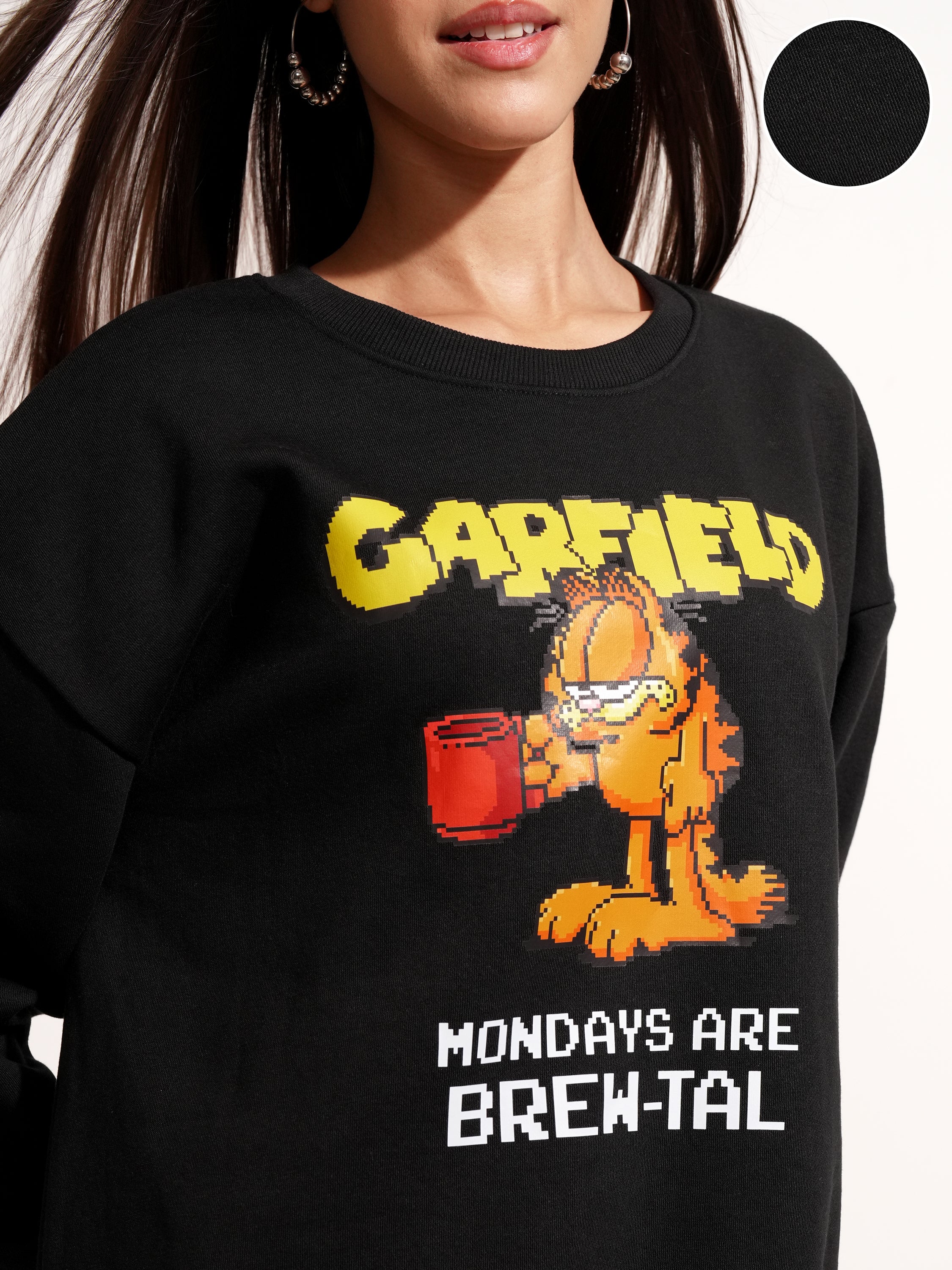 Tokyo Talkies Women Black Garfield Printed Pullover Round Neck Sweatshirt - Black - Image 5