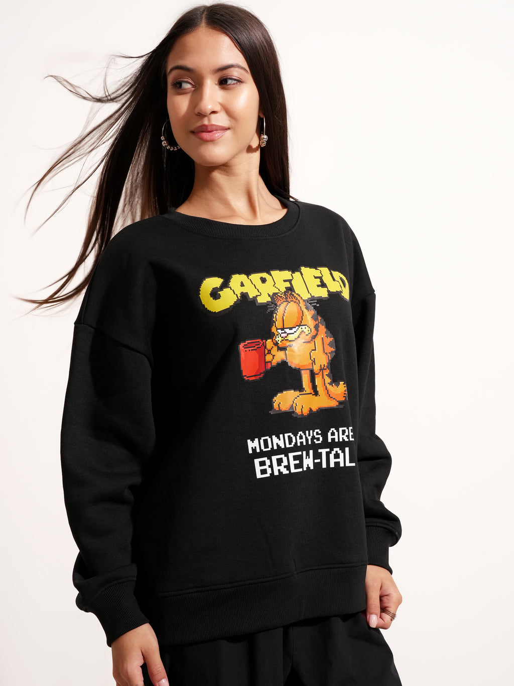 Tokyo Talkies Women Black Garfield Printed Pullover Round Neck Sweatshirt - Black - Image 6