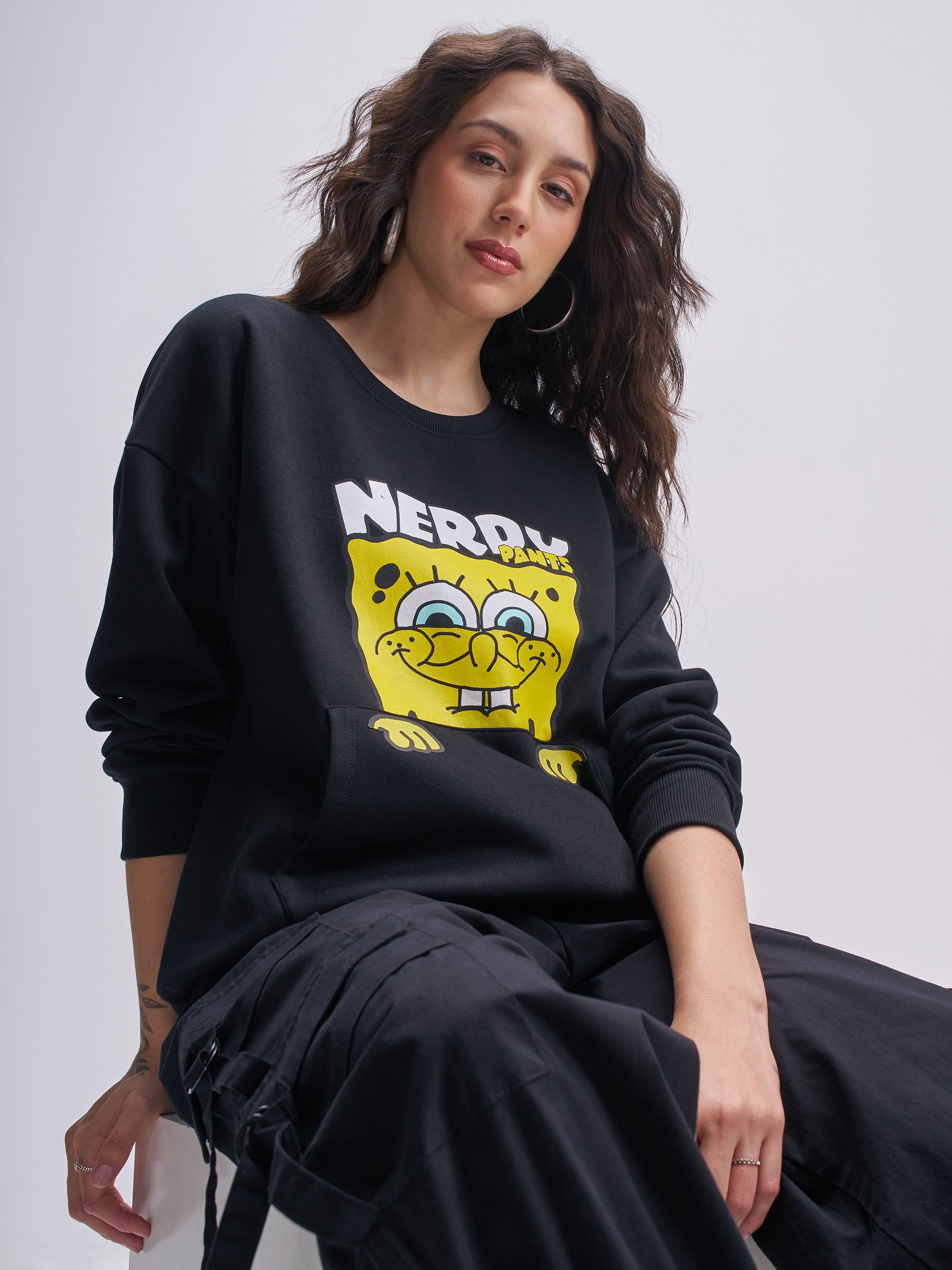 Tokyo Talkies Women Black Spongebob Squarepants Printed Pullover Round Neck Sweatshirt - Black - Image 1
