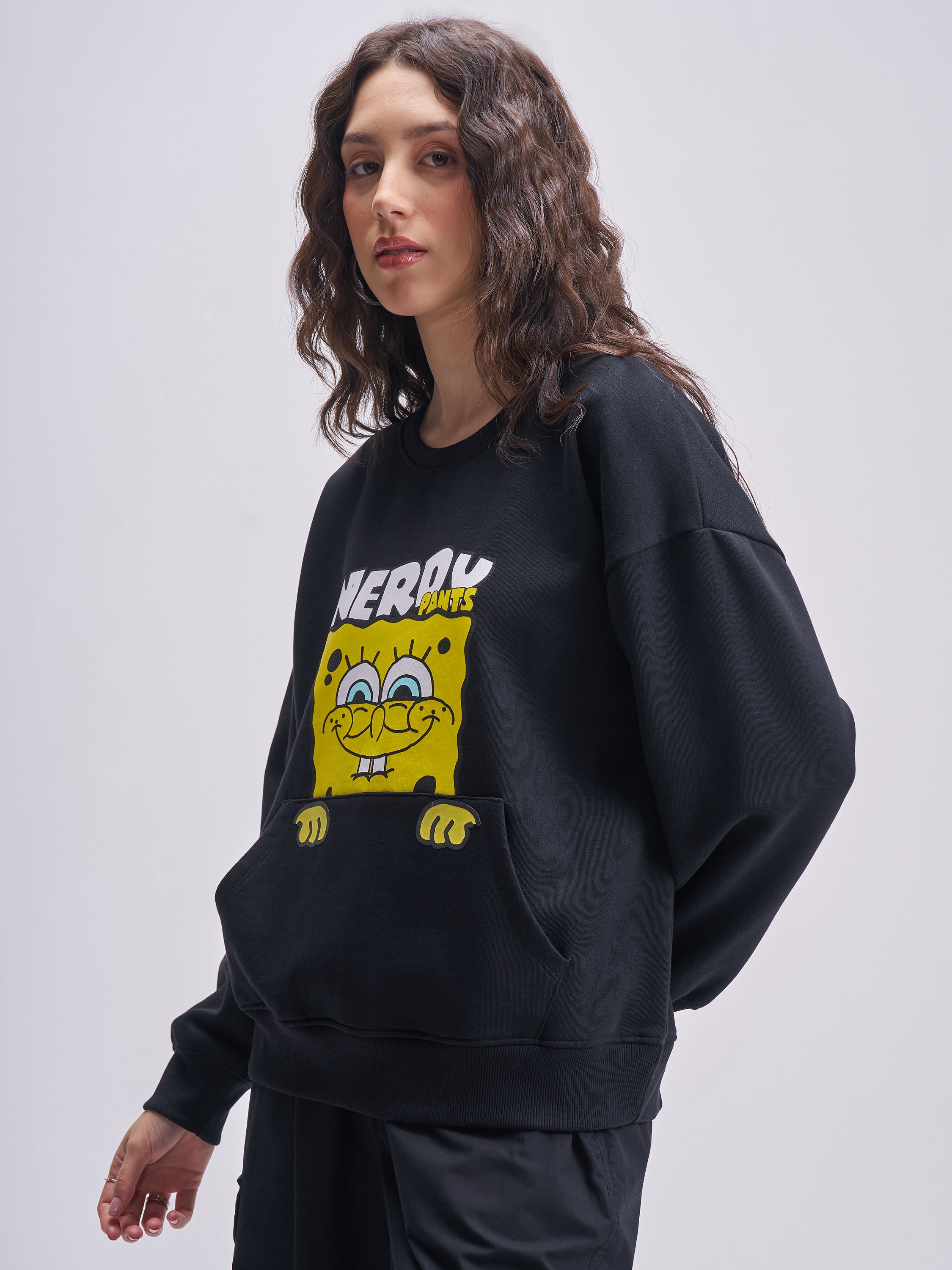 Tokyo Talkies Women Black Spongebob Squarepants Printed Pullover Round Neck Sweatshirt - Black - Image 4