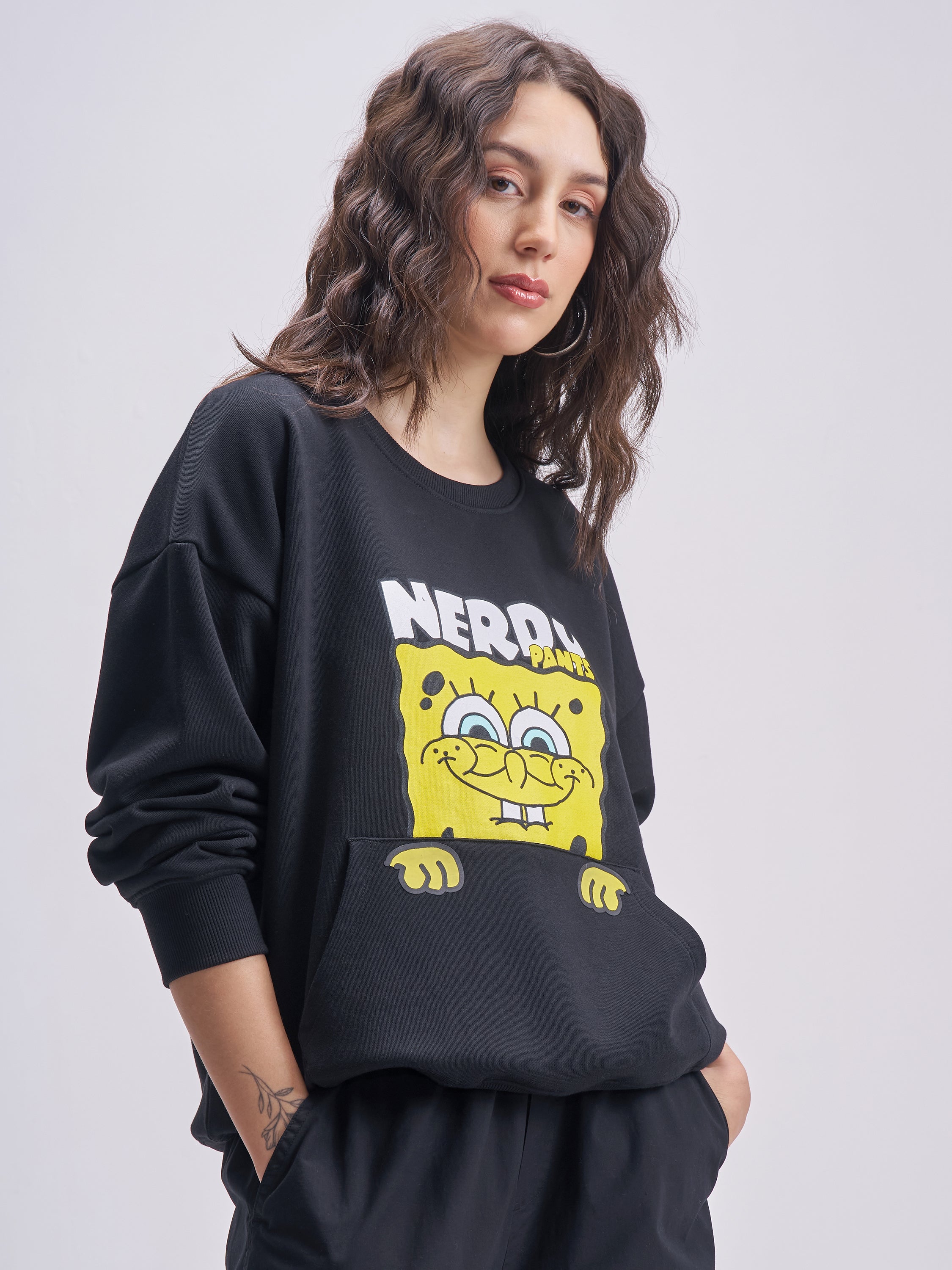 Tokyo Talkies Women Black Spongebob Squarepants Printed Pullover Round Neck Sweatshirt - Black - Image 6