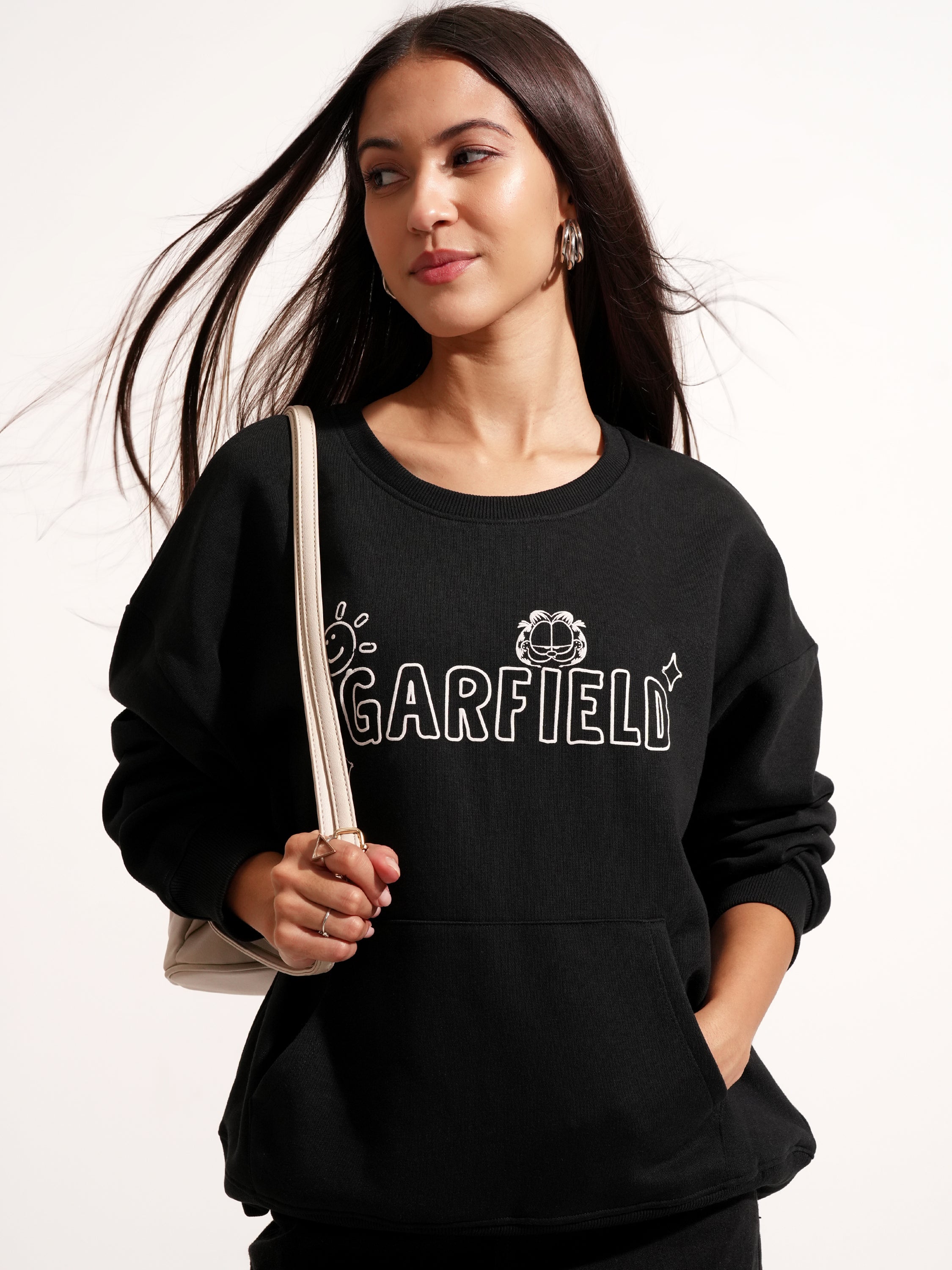 Tokyo Talkies Women Black Garfield Printed Pullover Round Neck Sweatshirt - Black - Image 1