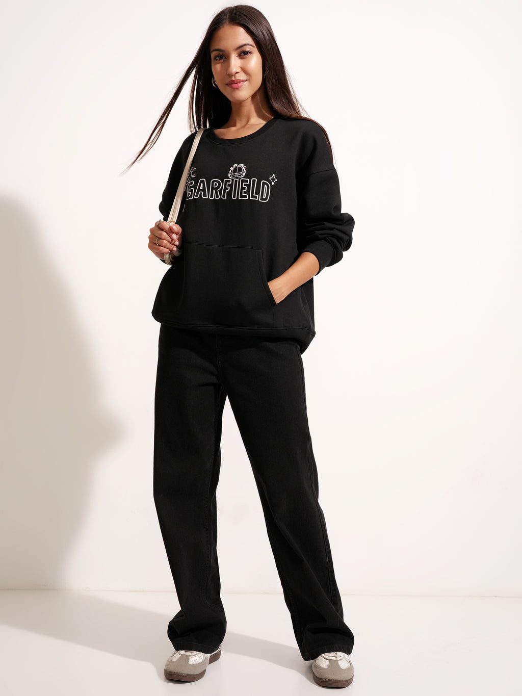 Tokyo Talkies Women Black Garfield Printed Pullover Round Neck Sweatshirt - Black - Image 2