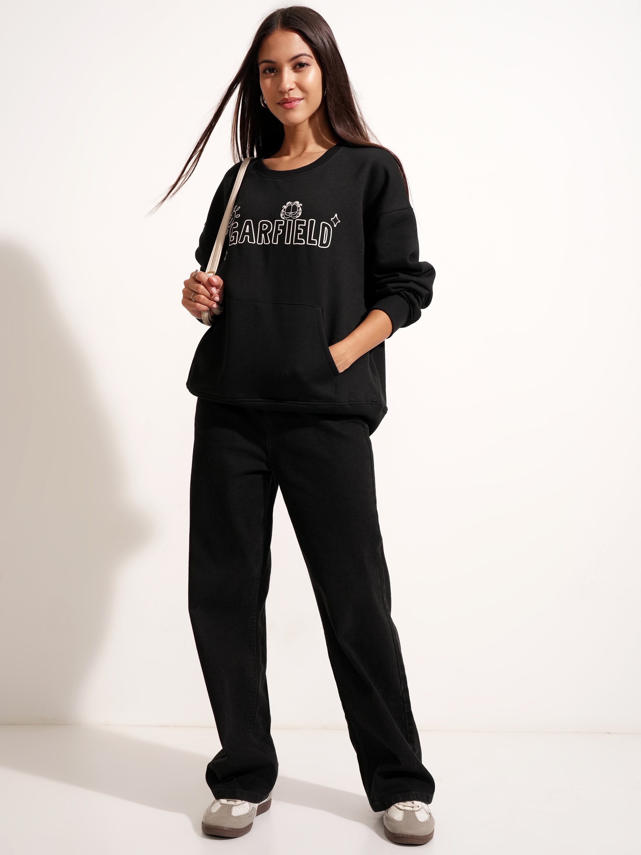 Tokyo Talkies Women Black Garfield Printed Pullover Round Neck Sweatshirt - Black - Image 2