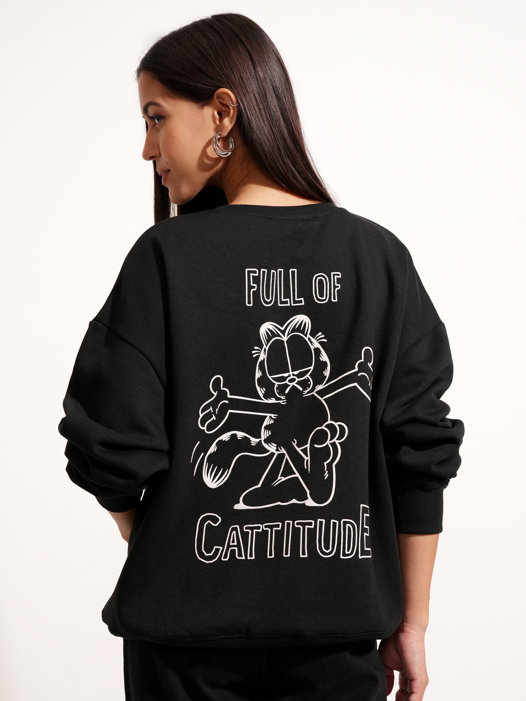 Tokyo Talkies Women Black Garfield Printed Pullover Round Neck Sweatshirt - Black - Image 3