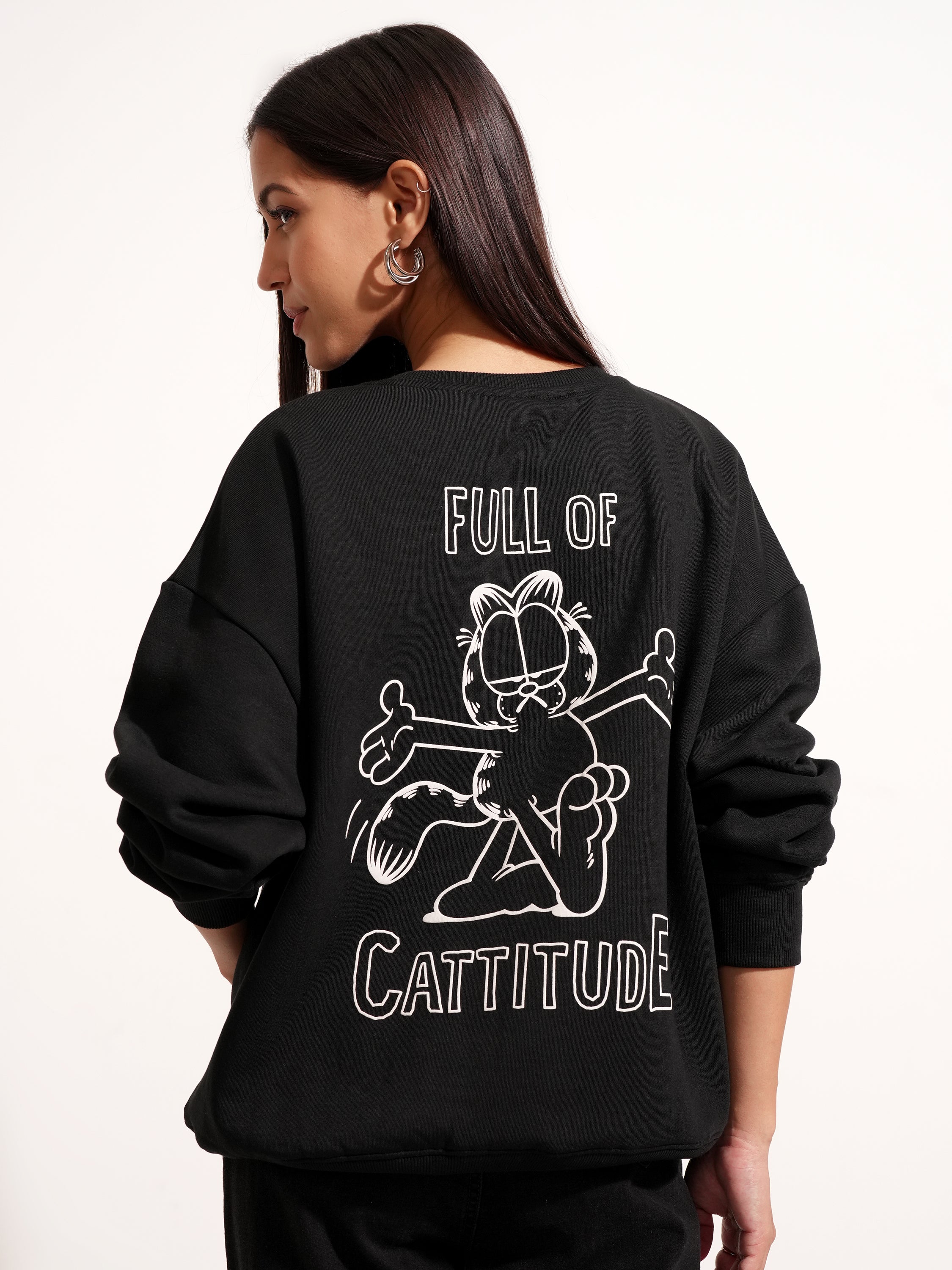 Tokyo Talkies Women Black Garfield Printed Pullover Round Neck Sweatshirt - Black - Image 3