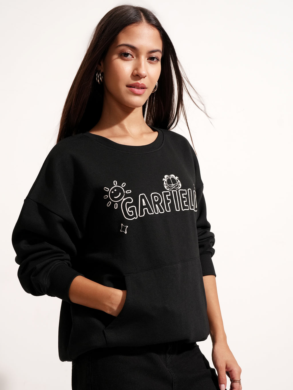 Tokyo Talkies Women Black Garfield Printed Pullover Round Neck Sweatshirt - Black - Image 6