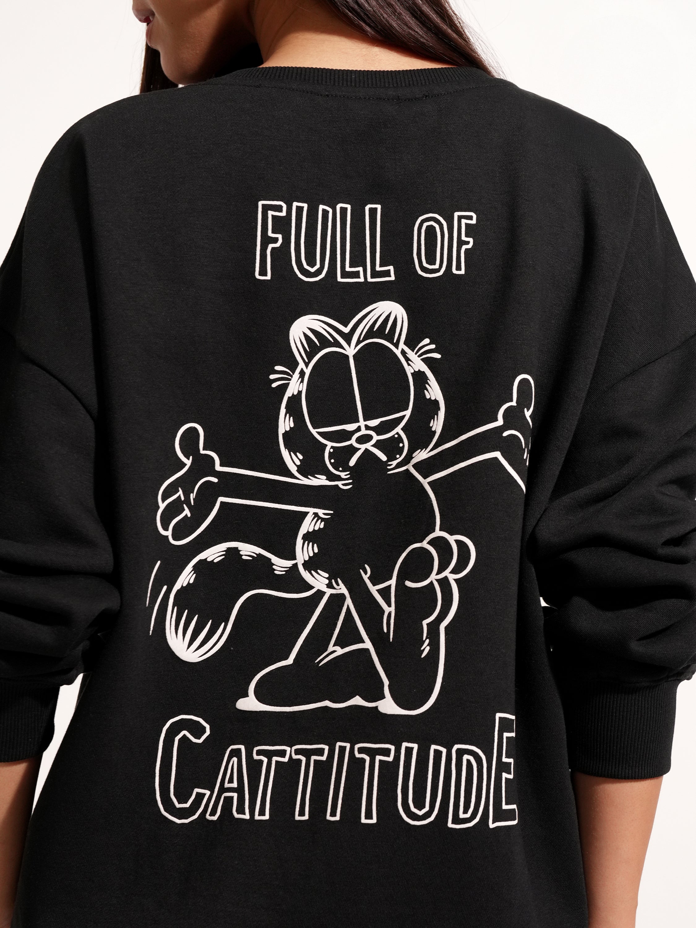 Tokyo Talkies Women Black Garfield Printed Pullover Round Neck Sweatshirt - Black - Image 7