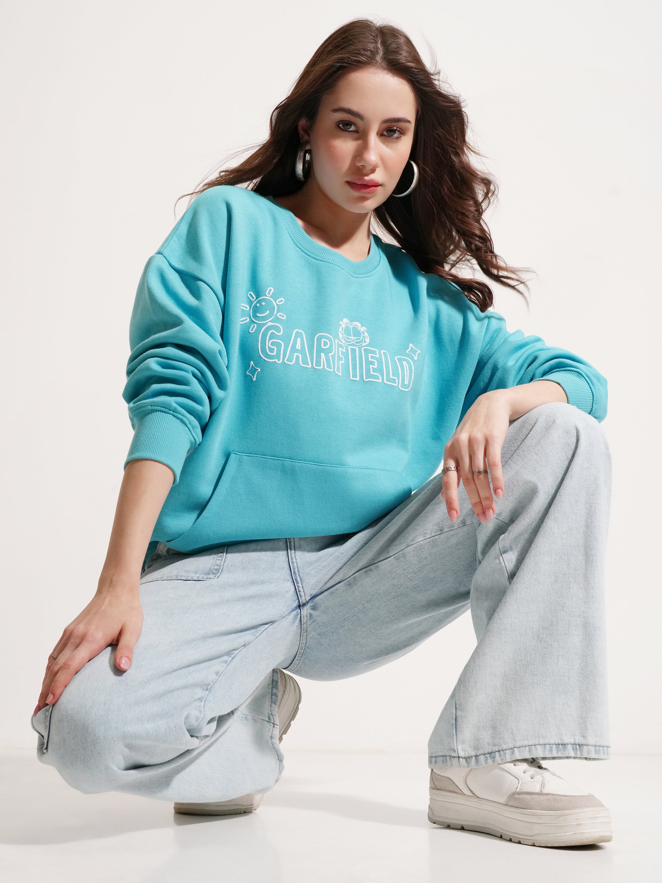 Tokyo Talkies Women Blue Garfield Printed Pullover Round Neck Sweatshirt - Blue - Image 2
