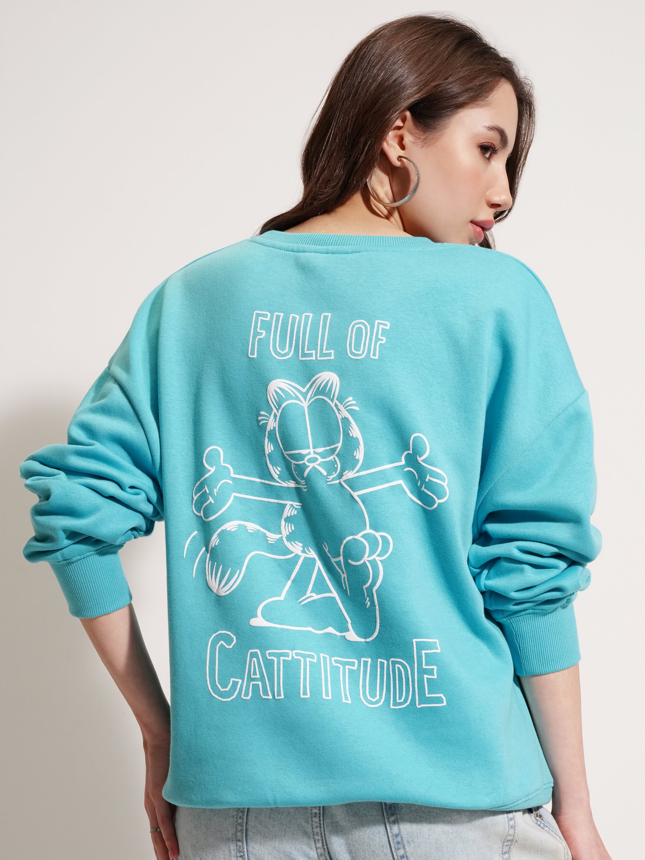 Tokyo Talkies Women Blue Garfield Printed Pullover Round Neck Sweatshirt - Blue - Image 3