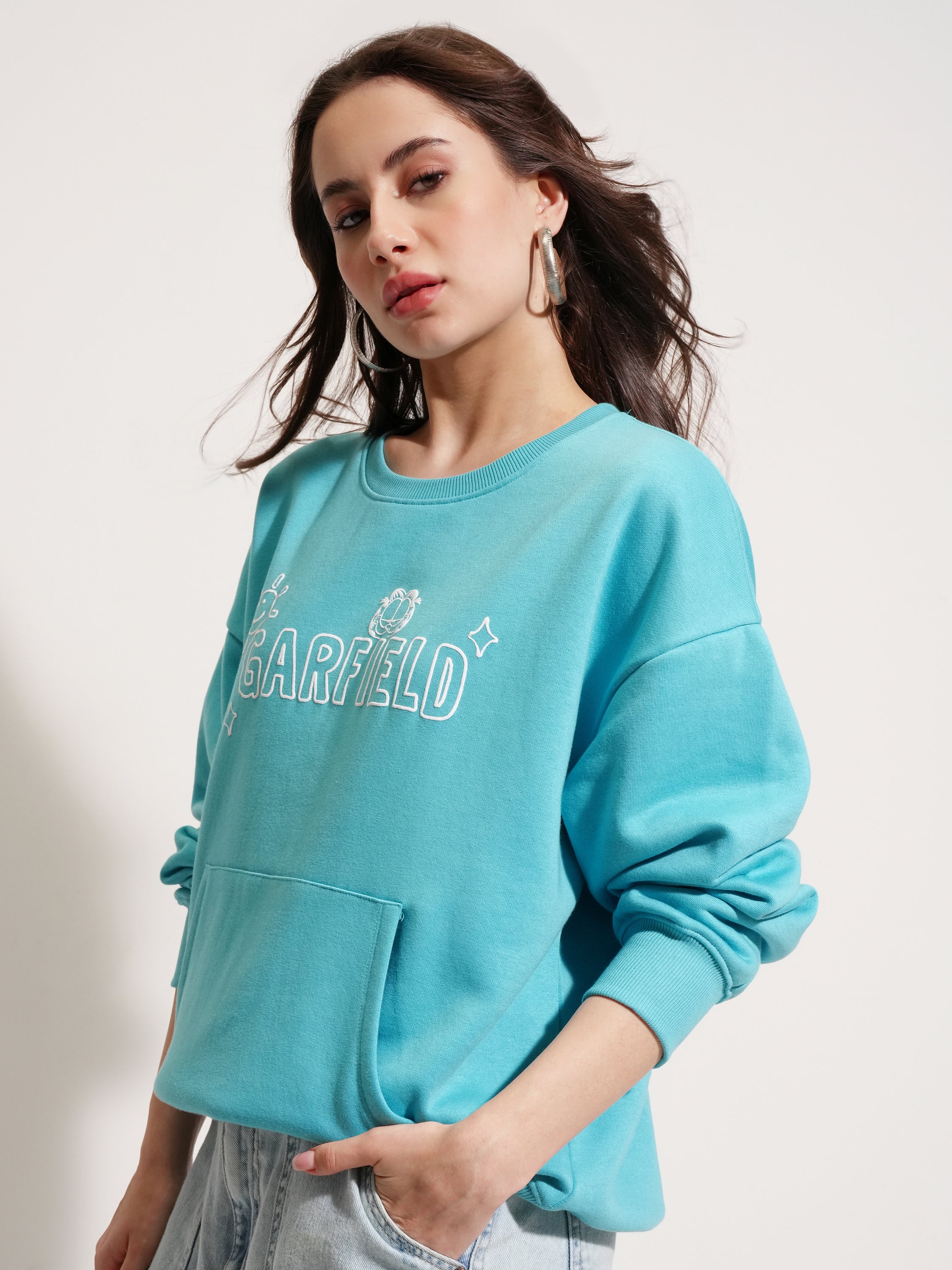 Tokyo Talkies Women Blue Garfield Printed Pullover Round Neck Sweatshirt - Blue - Image 4