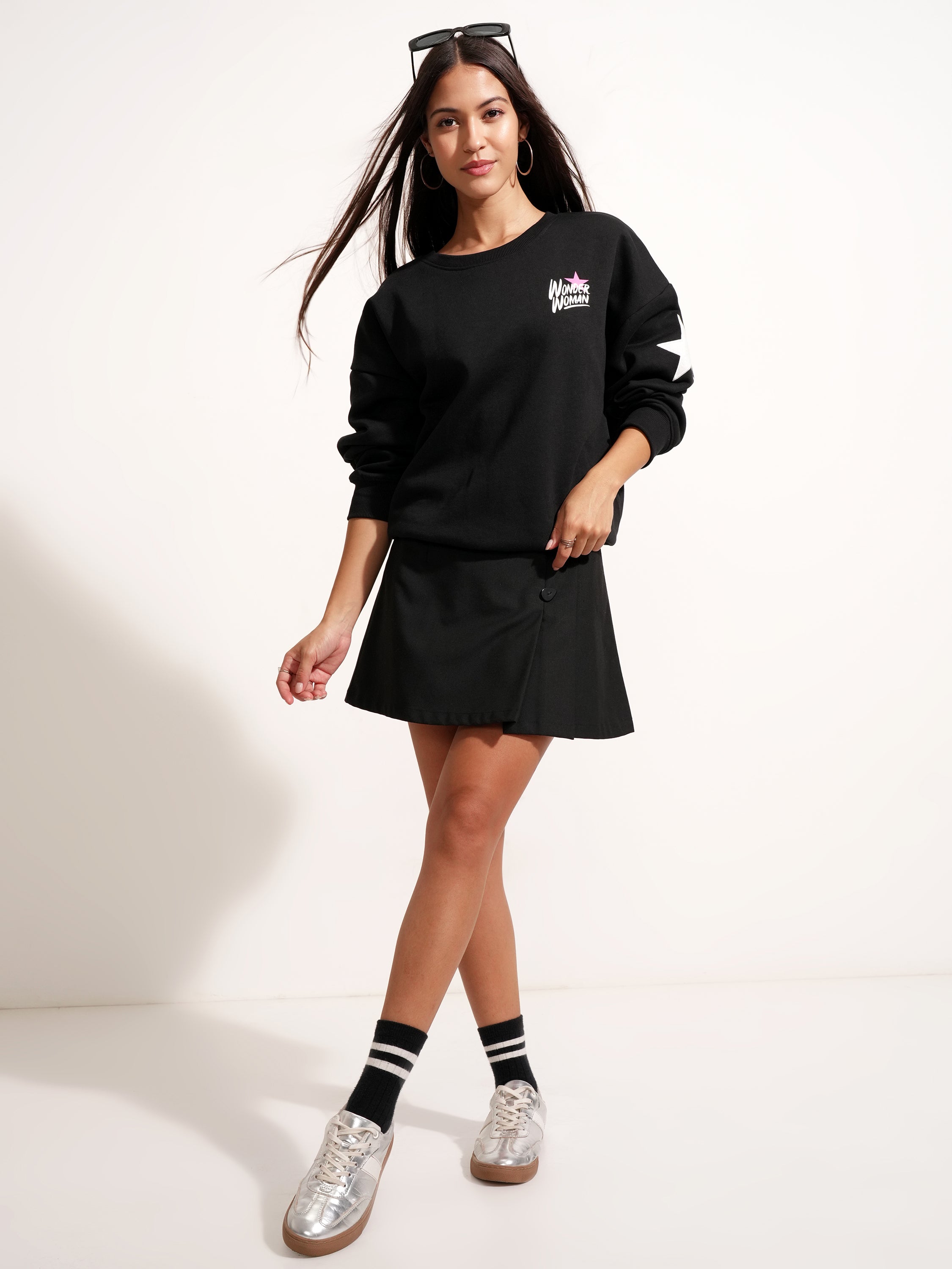 DC By Tokyo Talkies Women Black Wonder Woman Printed Pullover Round Neck Sweatshirt - Black - Image 2
