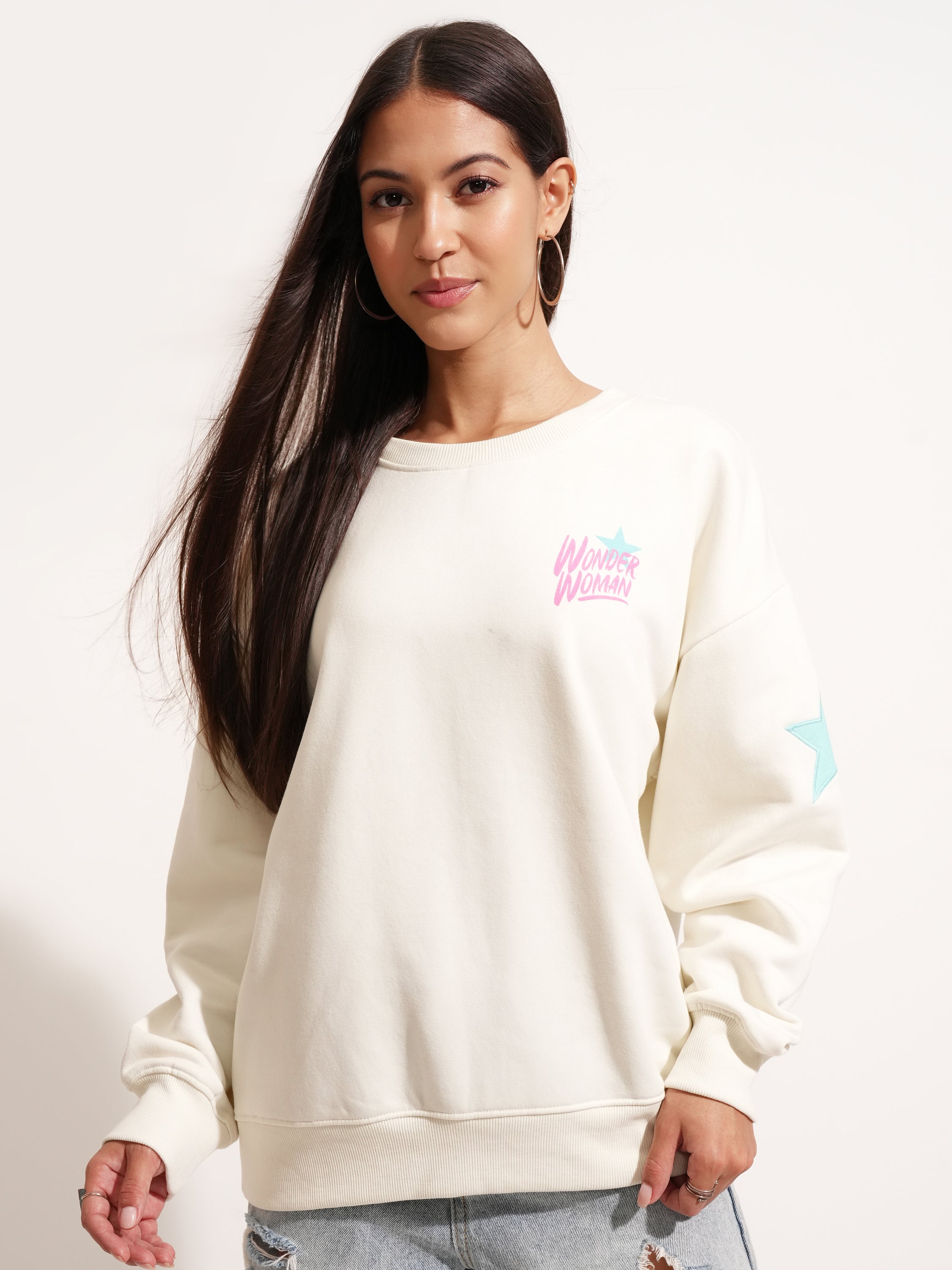 DC By Tokyo Talkies Women White Wonder Woman Printed Pullover Round Neck Sweatshirt - White - Image 4