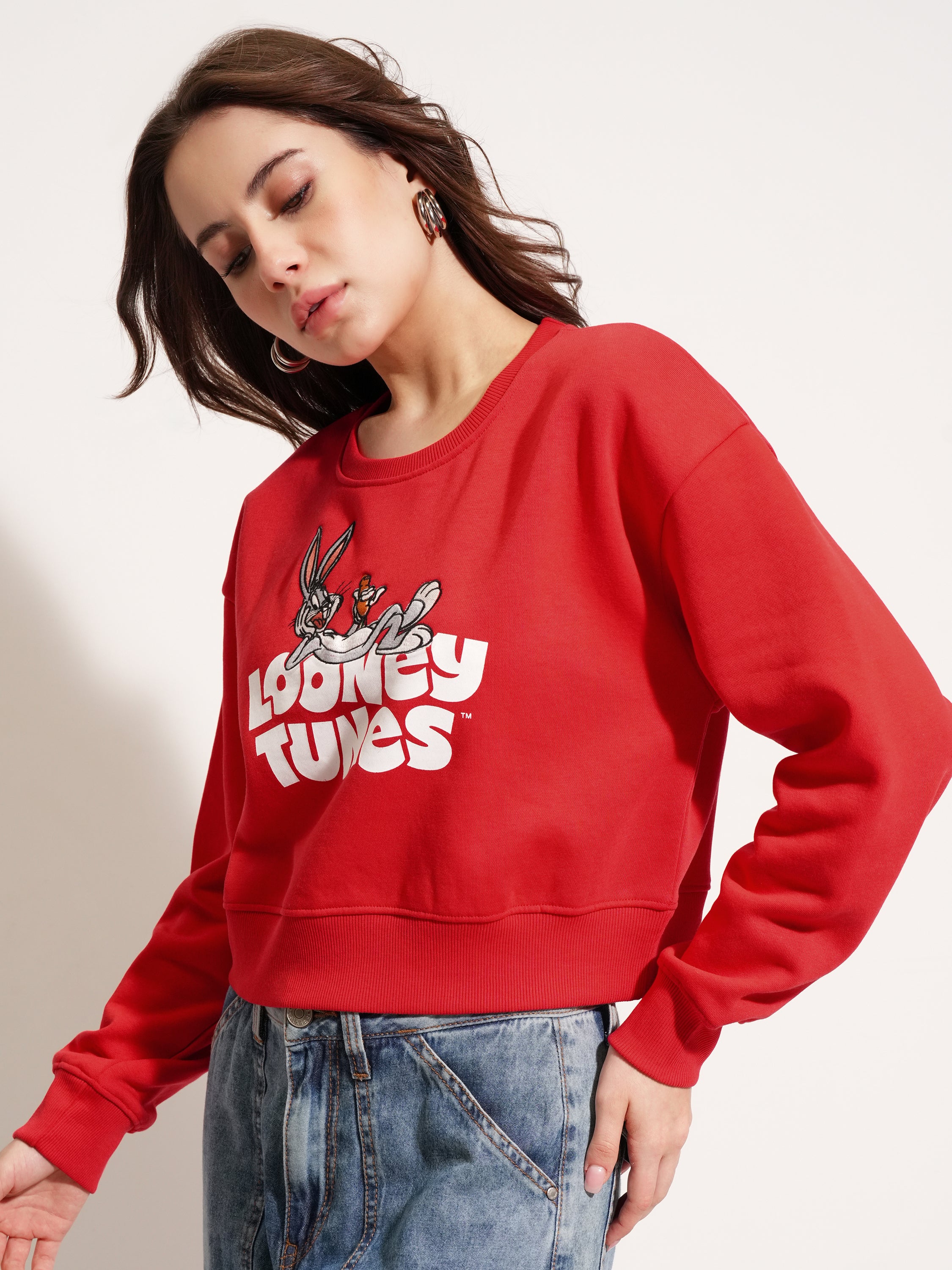 WB By Tokyo Talkies Women Red Looney Tunes Printed Pullover Round Neck Sweatshirt - Red - Image 4