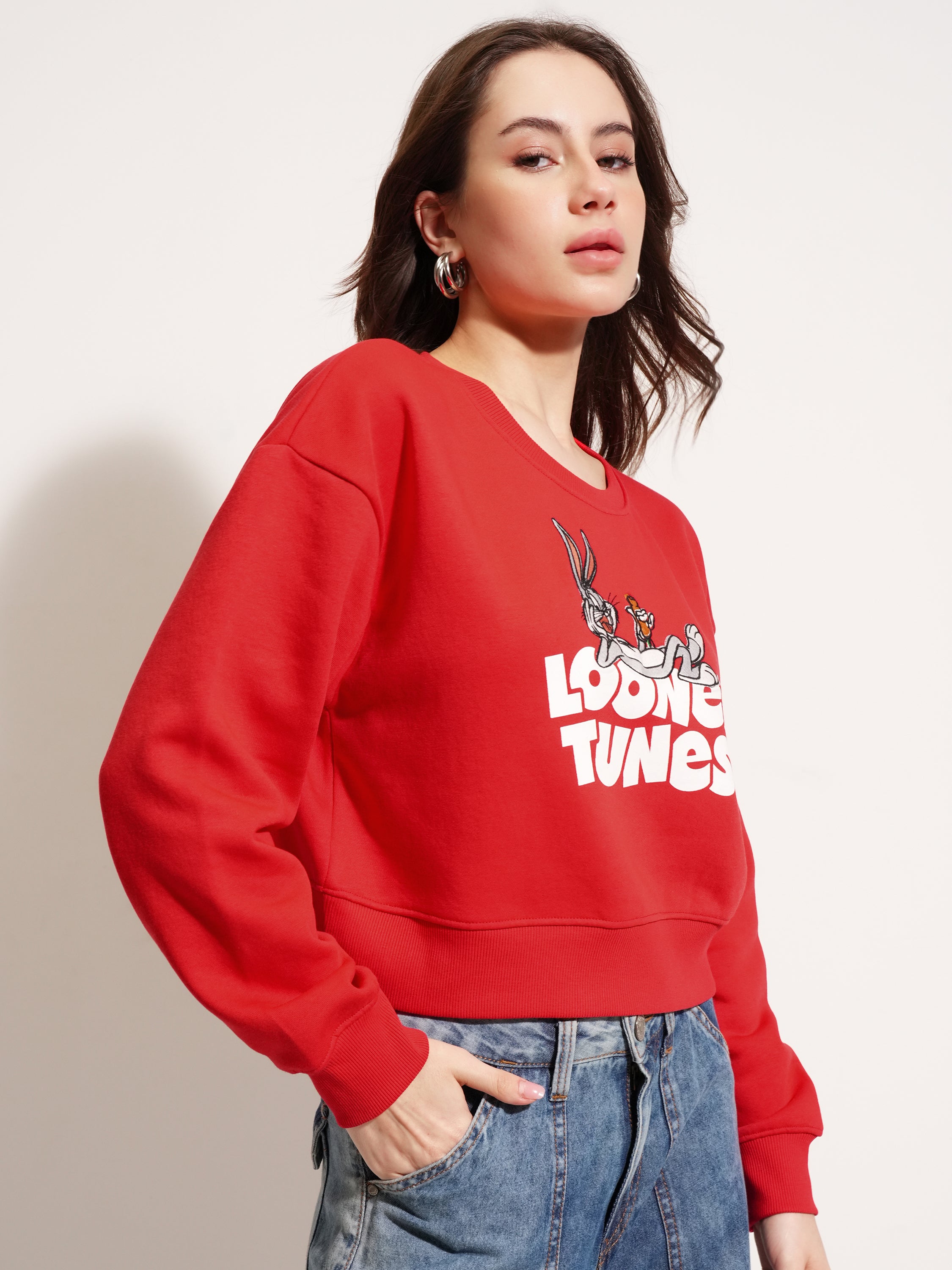 WB By Tokyo Talkies Women Red Looney Tunes Printed Pullover Round Neck Sweatshirt - Red - Image 6