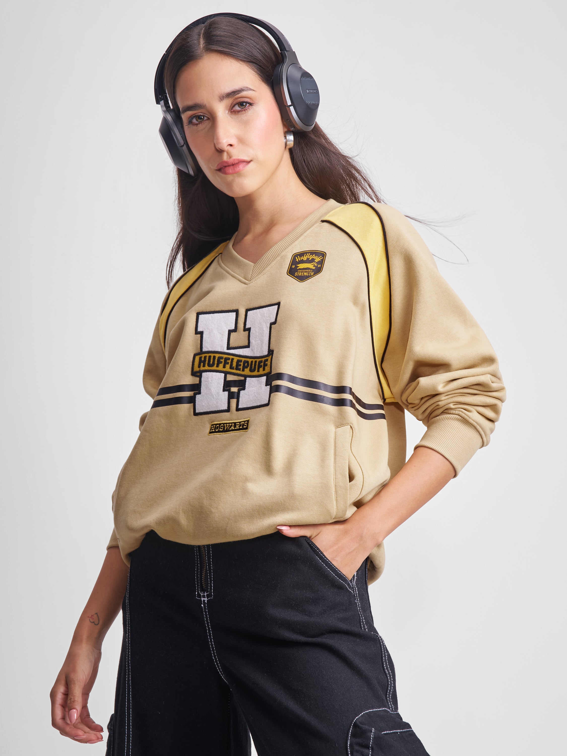 WB By Tokyo Talkies Women Brown Harry Potter Embroidered Pullover V-Neck Sweatshirt - Brown - Image 1