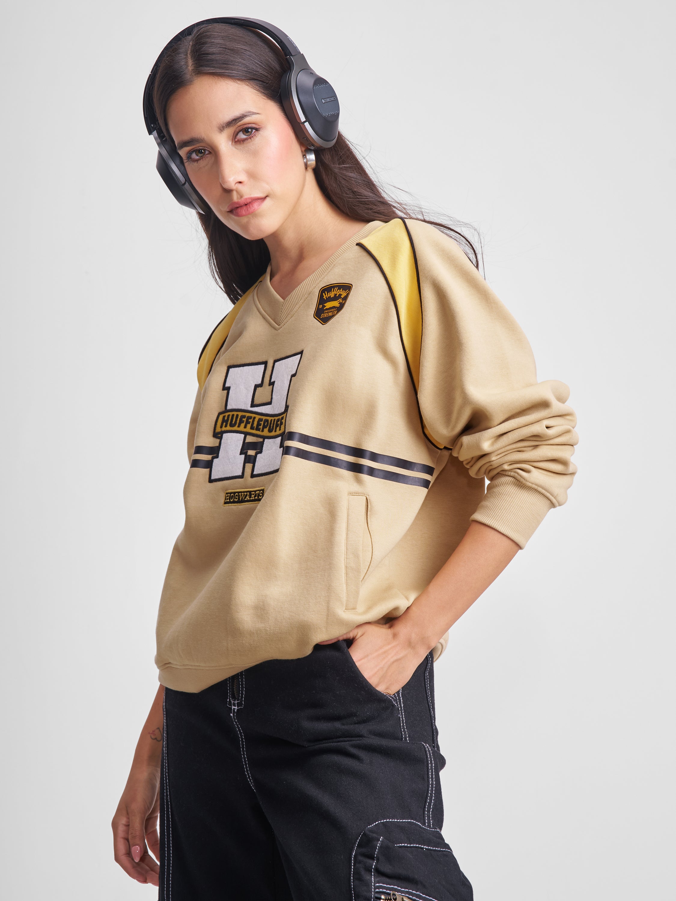 WB By Tokyo Talkies Women Brown Harry Potter Embroidered Pullover V-Neck Sweatshirt - Brown - Image 4