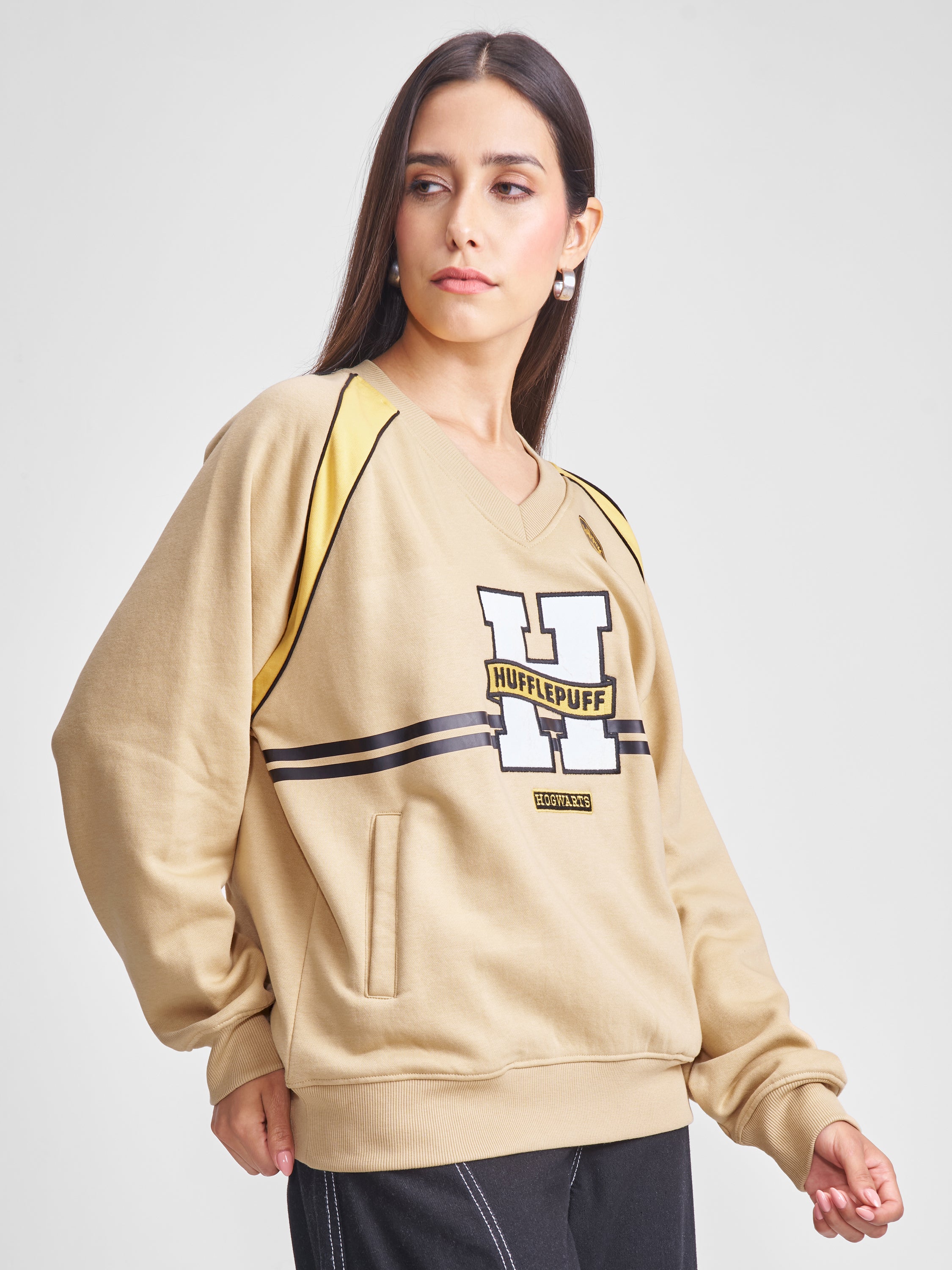 WB By Tokyo Talkies Women Brown Harry Potter Embroidered Pullover V-Neck Sweatshirt - Brown - Image 6