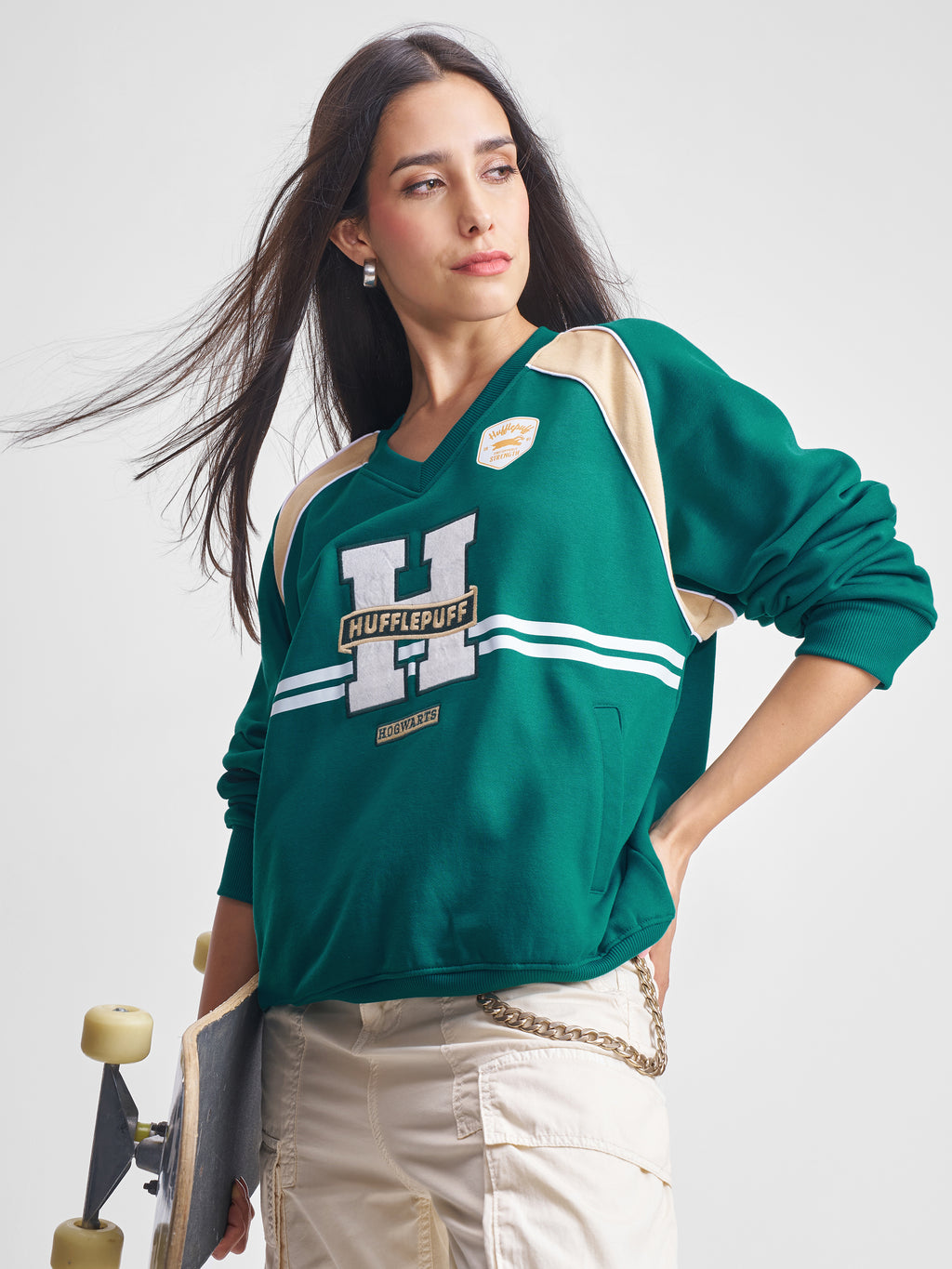 WB By Tokyo Talkies Women Green Harry Potter Embroidered Pullover V-Neck Sweatshirt - Green - Image 1