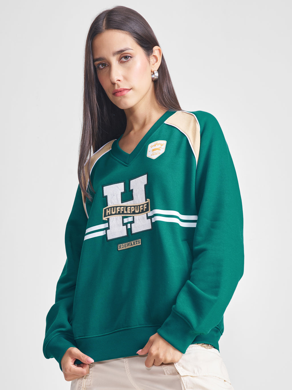 WB By Tokyo Talkies Women Green Harry Potter Embroidered Pullover V-Neck Sweatshirt - Green - Image 4