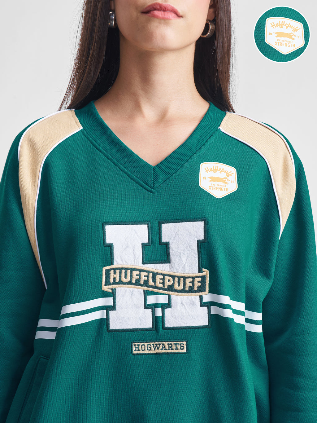 WB By Tokyo Talkies Women Green Harry Potter Embroidered Pullover V-Neck Sweatshirt - Green - Image 5