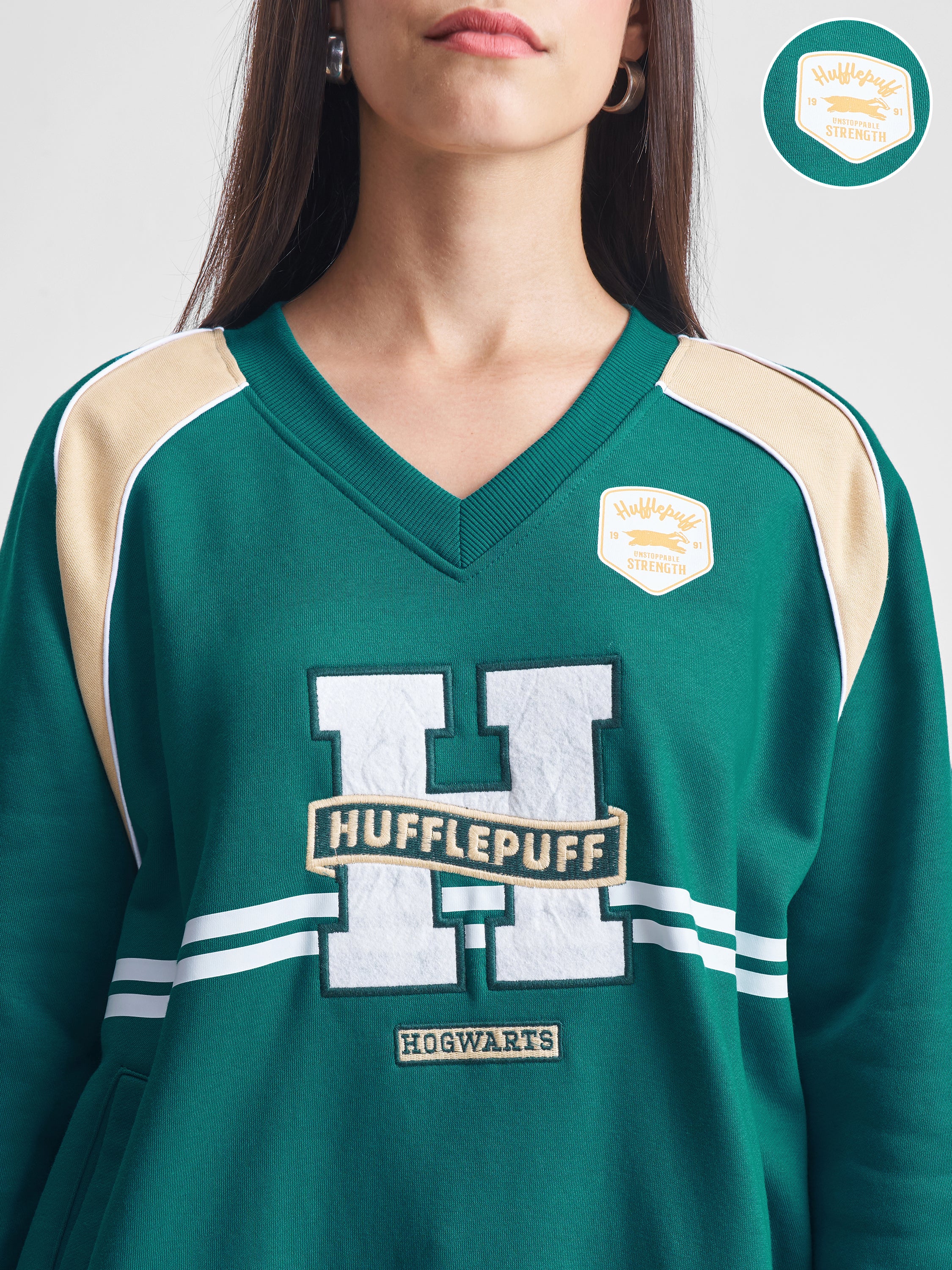 WB By Tokyo Talkies Women Green Harry Potter Embroidered Pullover V-Neck Sweatshirt - Green - Image 5