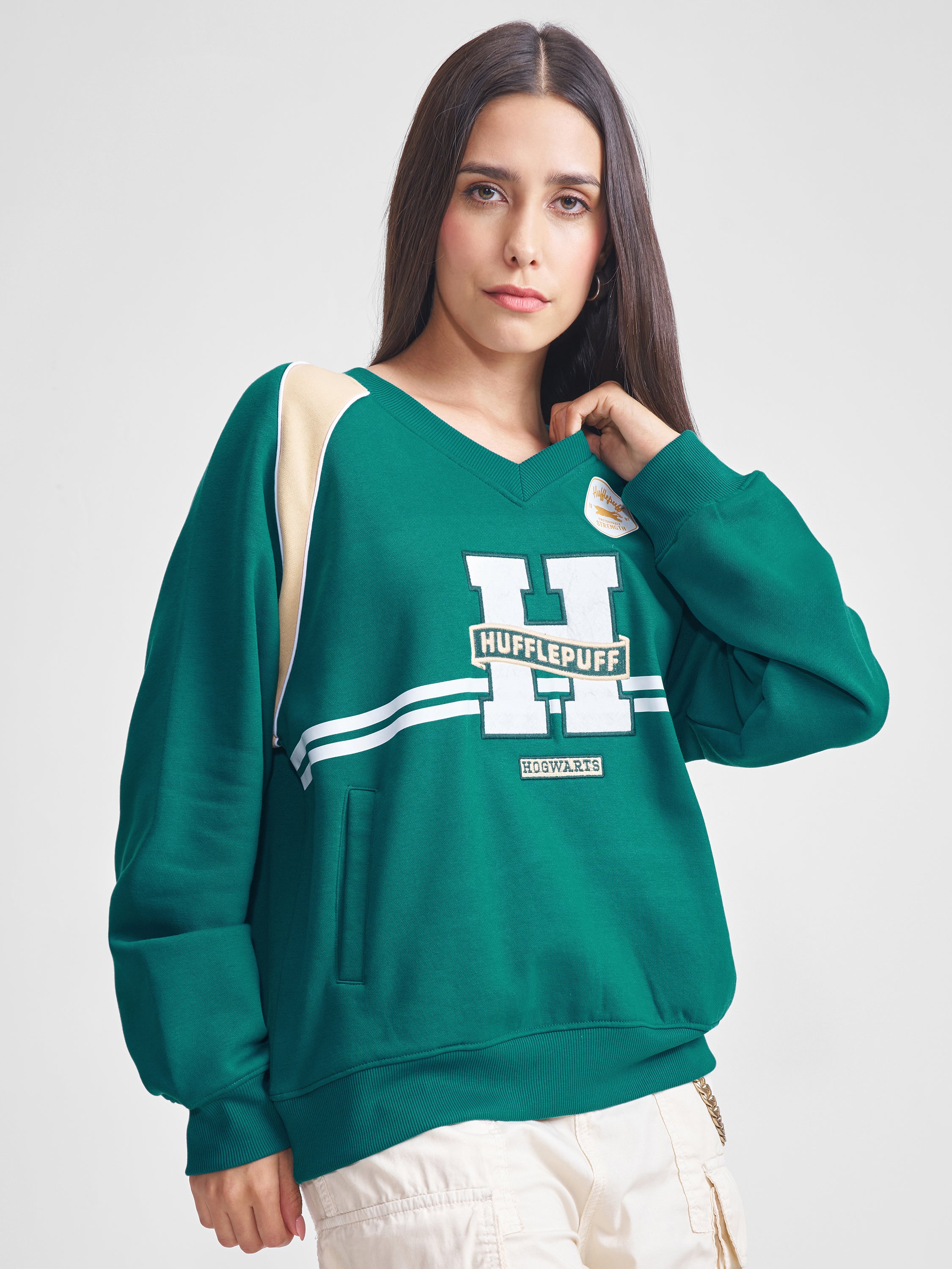 WB By Tokyo Talkies Women Green Harry Potter Embroidered Pullover V-Neck Sweatshirt - Green - Image 6