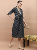 Vishudh Women Green Printed A-Line Dress - Green - Image 1