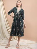 Vishudh Women Pine Printed A-Line Dress - Green - Image 1