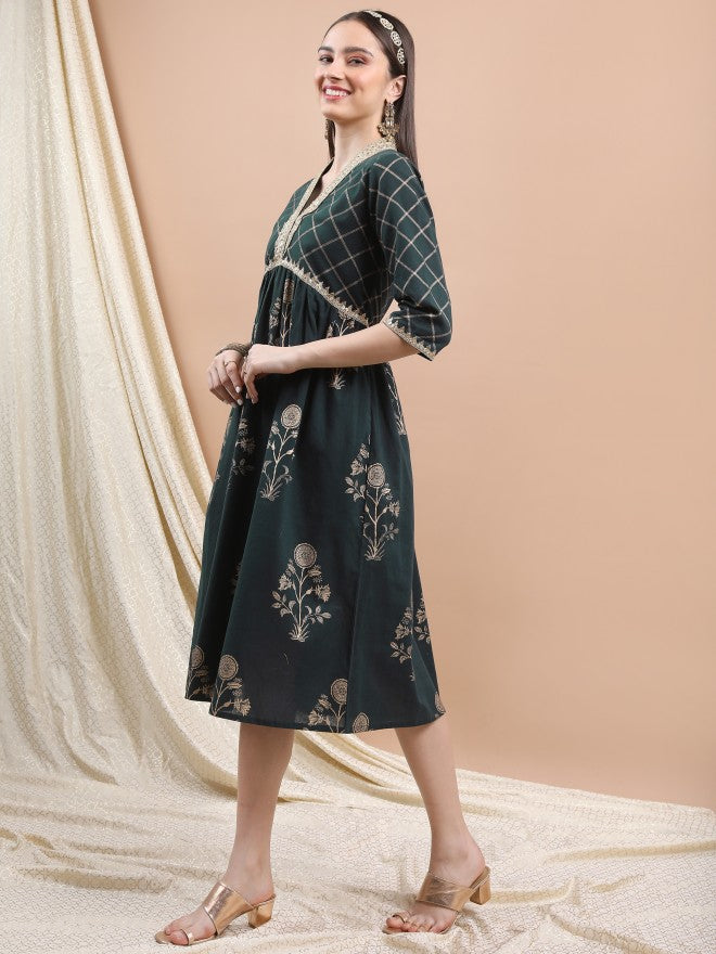 Vishudh Women Pine Printed A-Line Dress - Green - Image 2