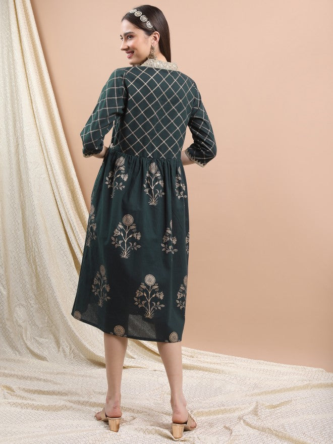 Vishudh Women Pine Printed A-Line Dress - Green - Image 3