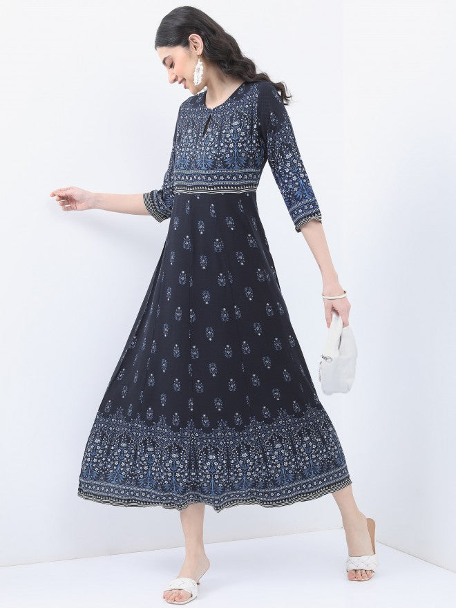 Vishudh Women Navy Blue Printed A-Line Dress - Navy Blue - Image 1