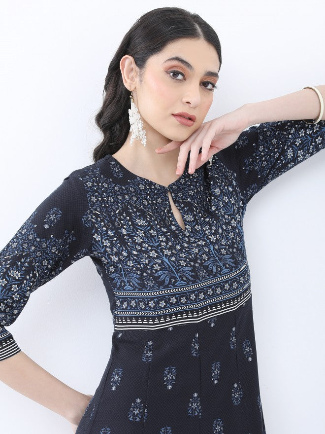 Vishudh Women Navy Blue Printed A-Line Dress - Navy Blue - Image 2