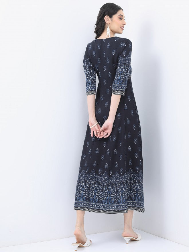 Vishudh Women Navy Blue Printed A-Line Dress - Navy Blue - Image 3