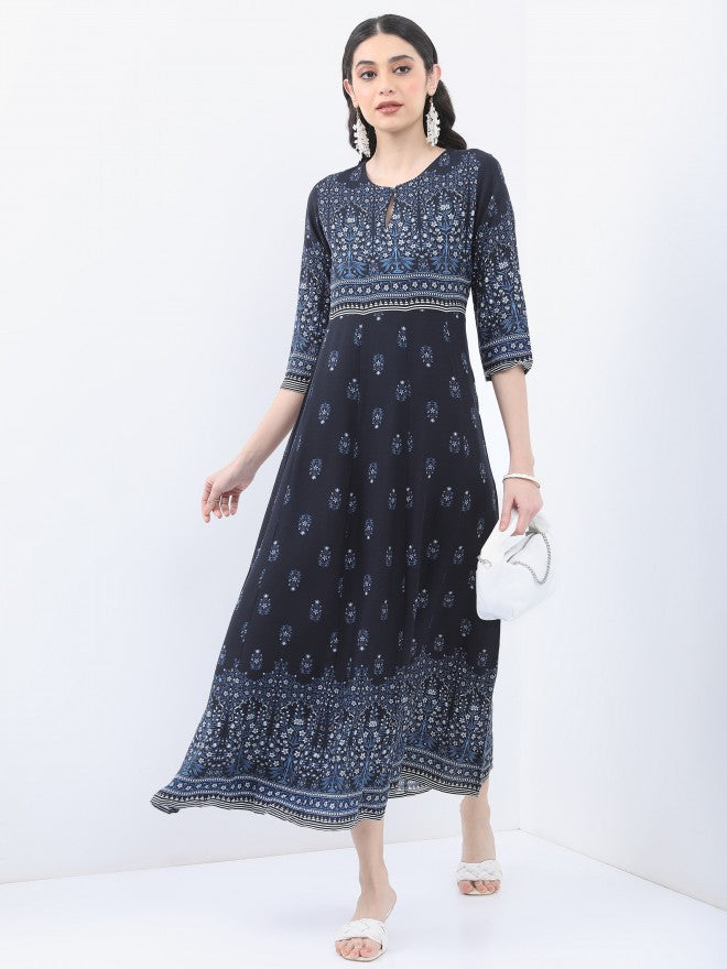 Vishudh Women Navy Blue Printed A-Line Dress - Navy Blue - Image 4
