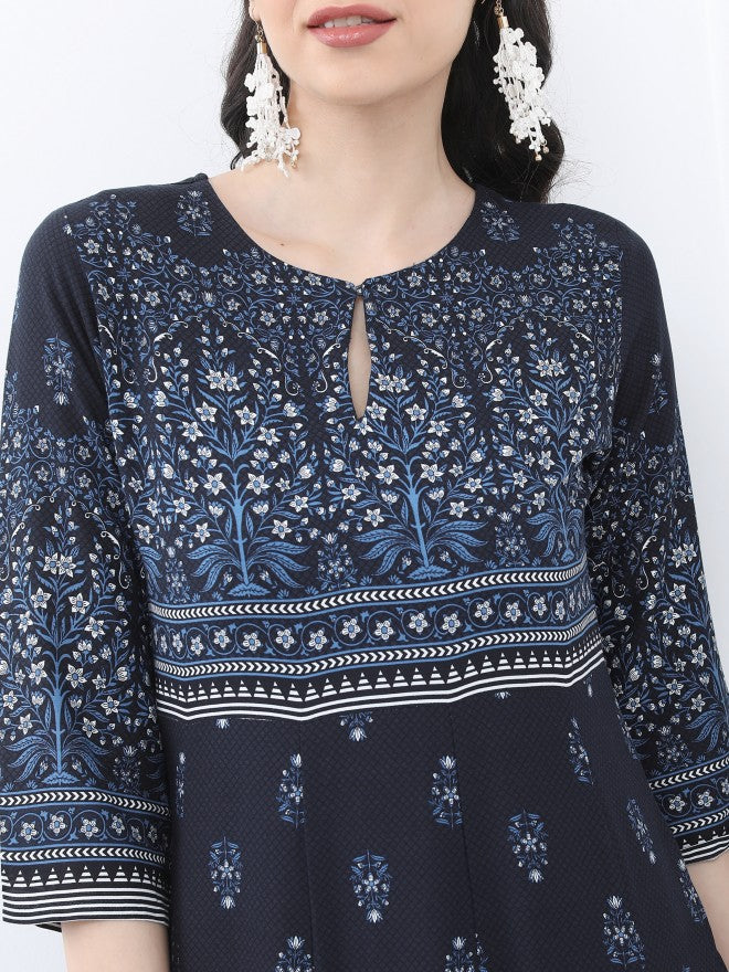 Vishudh Women Navy Blue Printed A-Line Dress - Navy Blue - Image 5