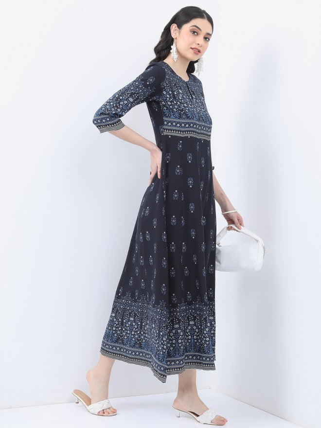 Vishudh Women Navy Blue Printed A-Line Dress - Navy Blue - Image 6