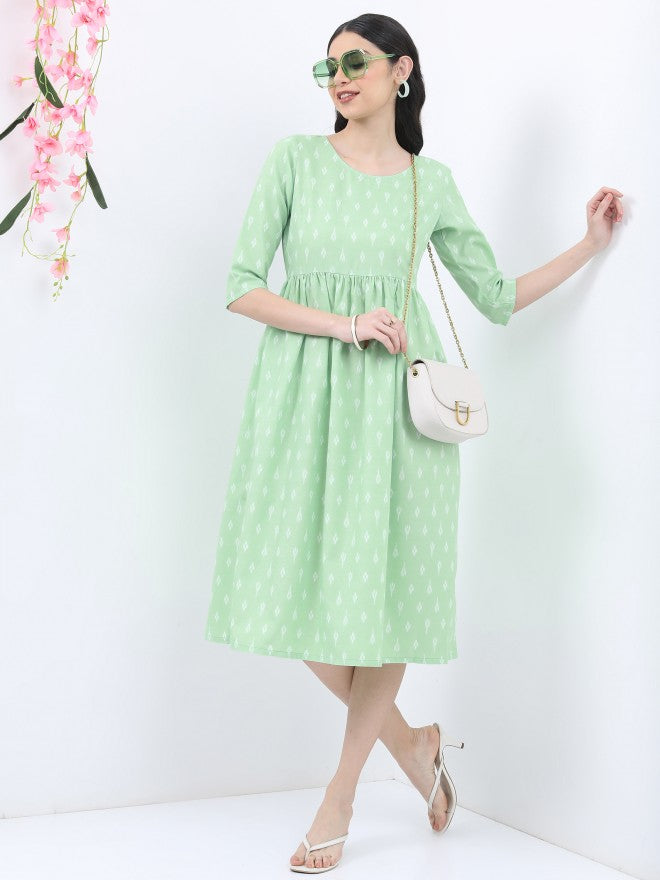 Vishudh Women Green Printed A-Line Dress - Green - Image 1