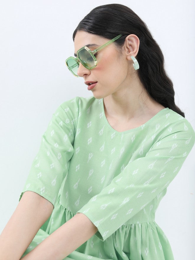 Vishudh Women Green Printed A-Line Dress - Green - Image 2