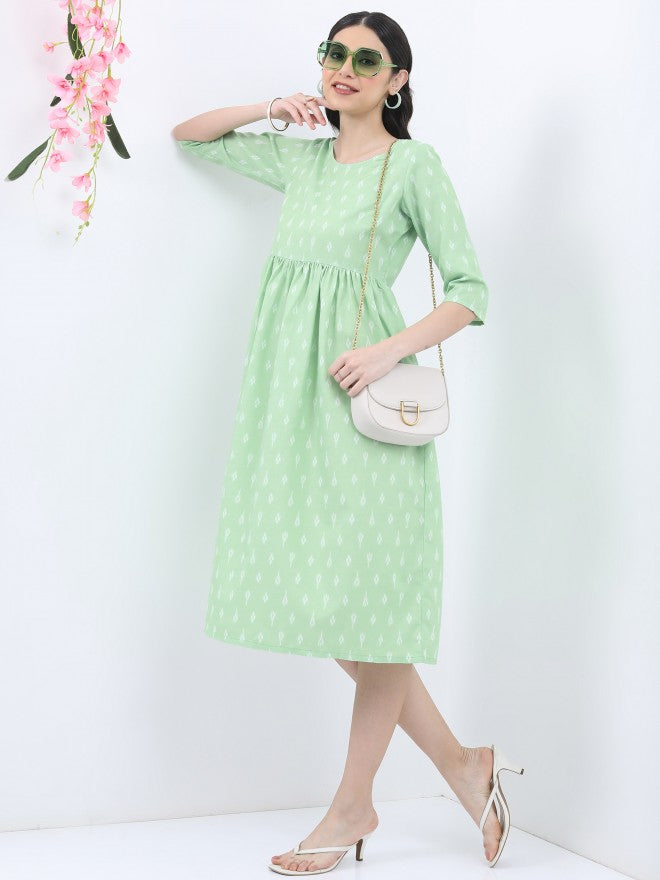 Vishudh Women Green Printed A-Line Dress - Green - Image 4