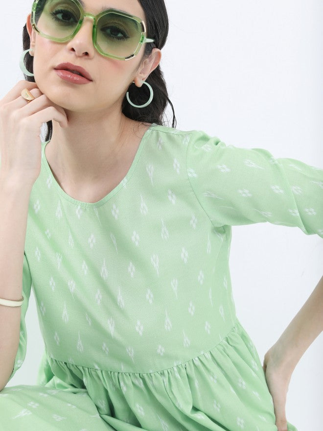 Vishudh Women Green Printed A-Line Dress - Green - Image 5